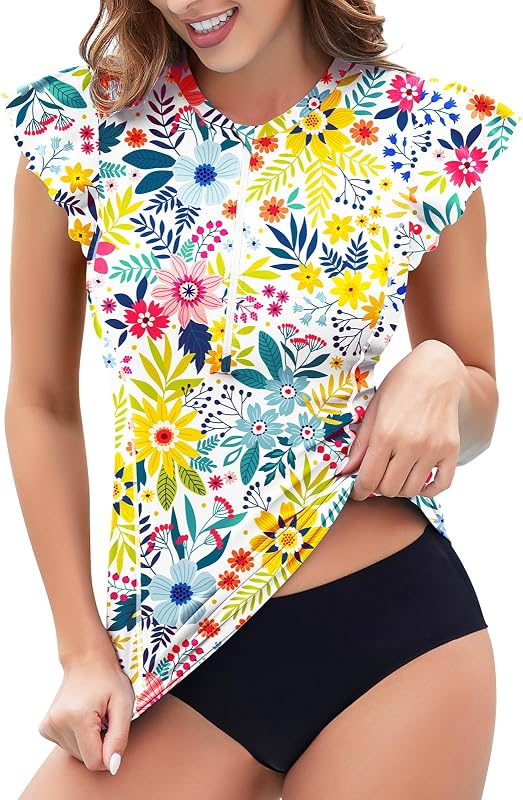 Womens Padded Rash Guard Short Sleeve Swim Shirts 1/4 Zip UPF 50 Sun Protection Swimsuit Tankini Bathing Suit Top