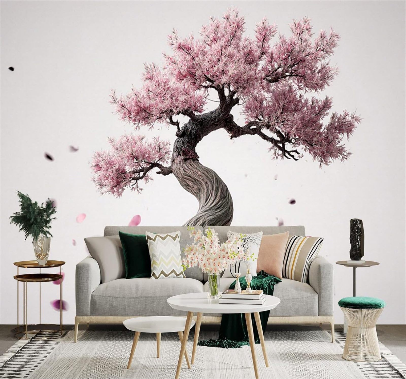 Xlming 300Cm×210Cm(B×H) Minimalist Three Dimensional Twisted Cherry Tree Trunk Falling Petals Unique 3D Wallpaper Premium Textured Silk Study Dining Living Room Bedroom Sofa Tv Wall Easy Install-300Cm×210Cm