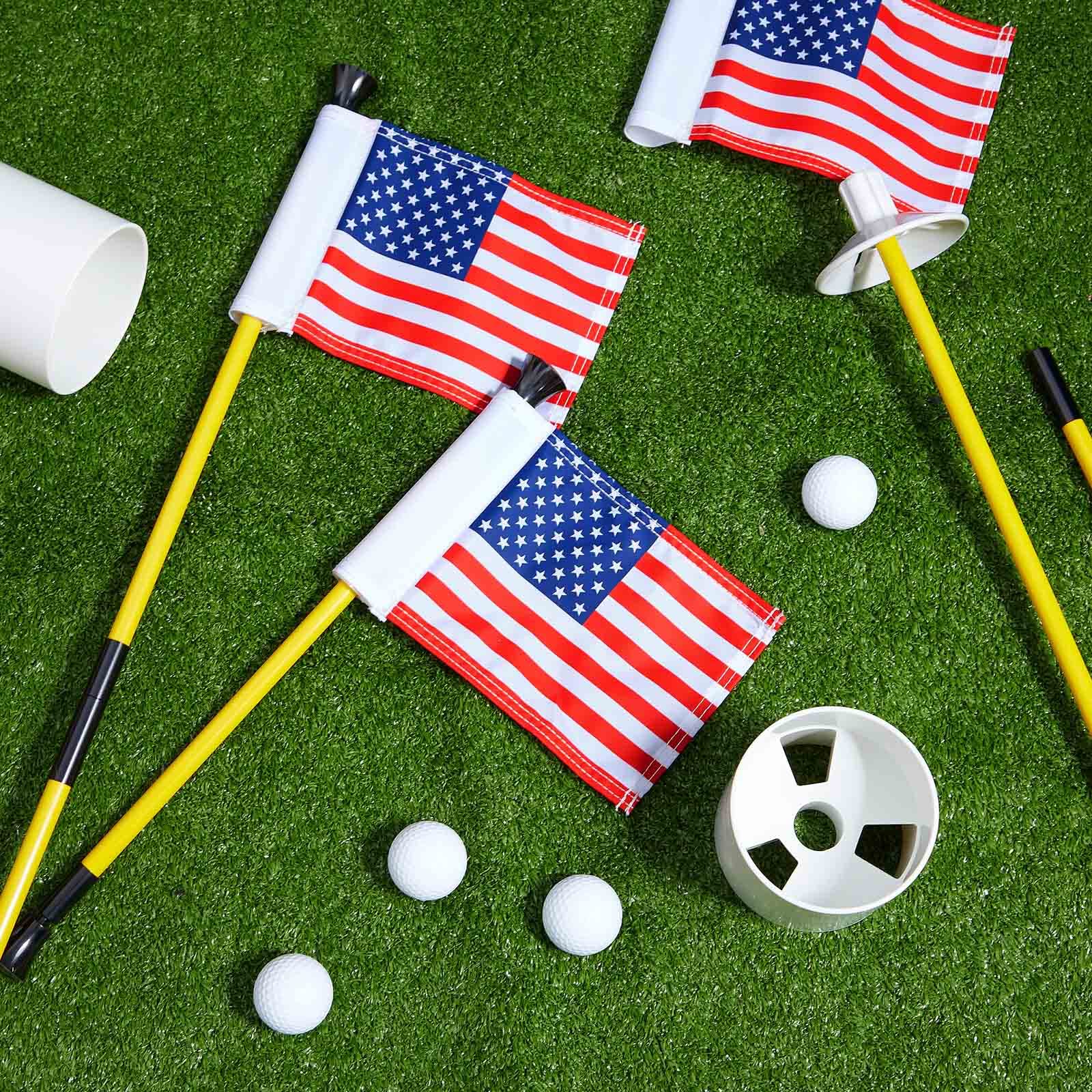 Meooeck Golfflaggenstab, 91 cm, grüne Putting-Flagge und Lochbecher-Set für Hof, tragbar, 2 Abschnitte, Fiberglas, Mini-Golf-Set für Driving Range Hinterhof, doppelseitige amerikanische Flagge, 3