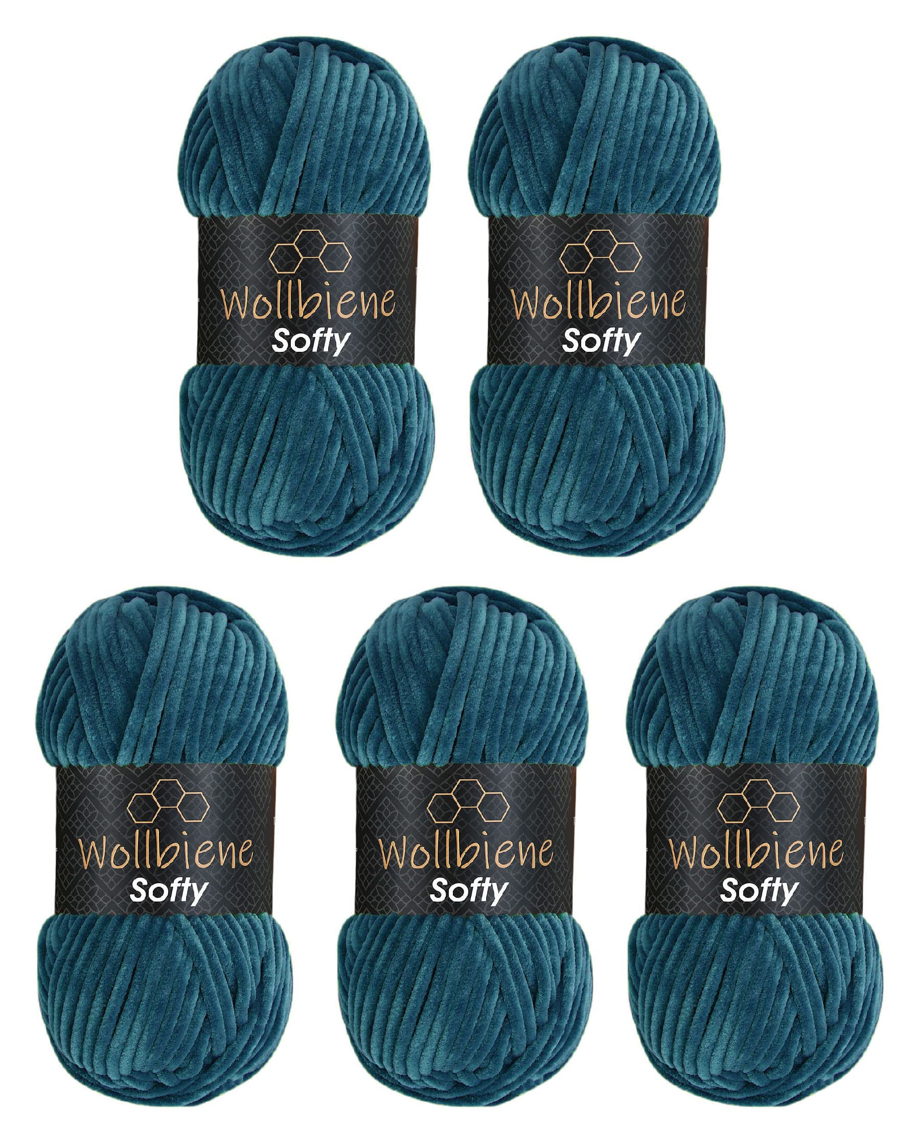 Wollbiene Softy 5 x 100 g Chenille Wool for Crocheting Knitting Wool, Baby Wool, 500 g Chenille Wool, Super Bulky Crochet Yarn (Petrol 36)