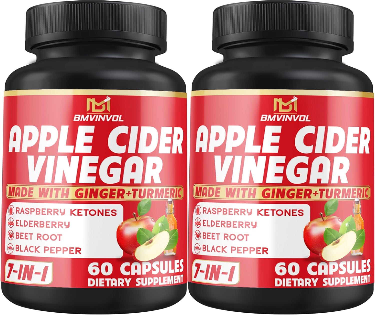 (2 Packs) Apple Cider Vinegar Capsules with Ginger, Turmeric, Elderberry, Raspberry Ketones, Beet Root, Black Pepper - 7in1 for Supports Digestion, Detox & Immune - 4 Months Supply
