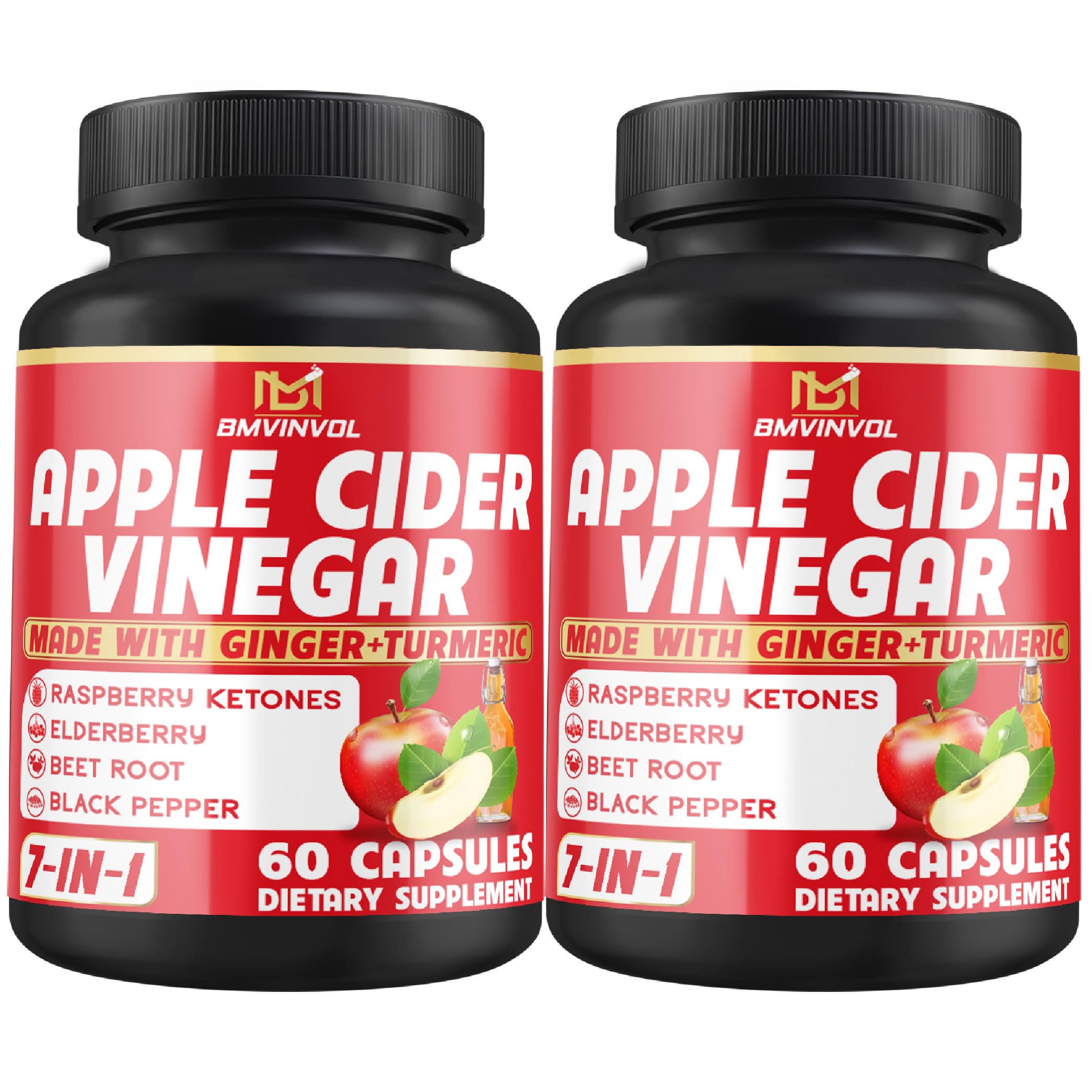 BMVINVOL (2 Packs) Apple Cider Vinegar Capsules with Ginger, Turmeric, Elderberry, Raspberry Ketones, Beet Root, Black Pepper - 4 Months Supply