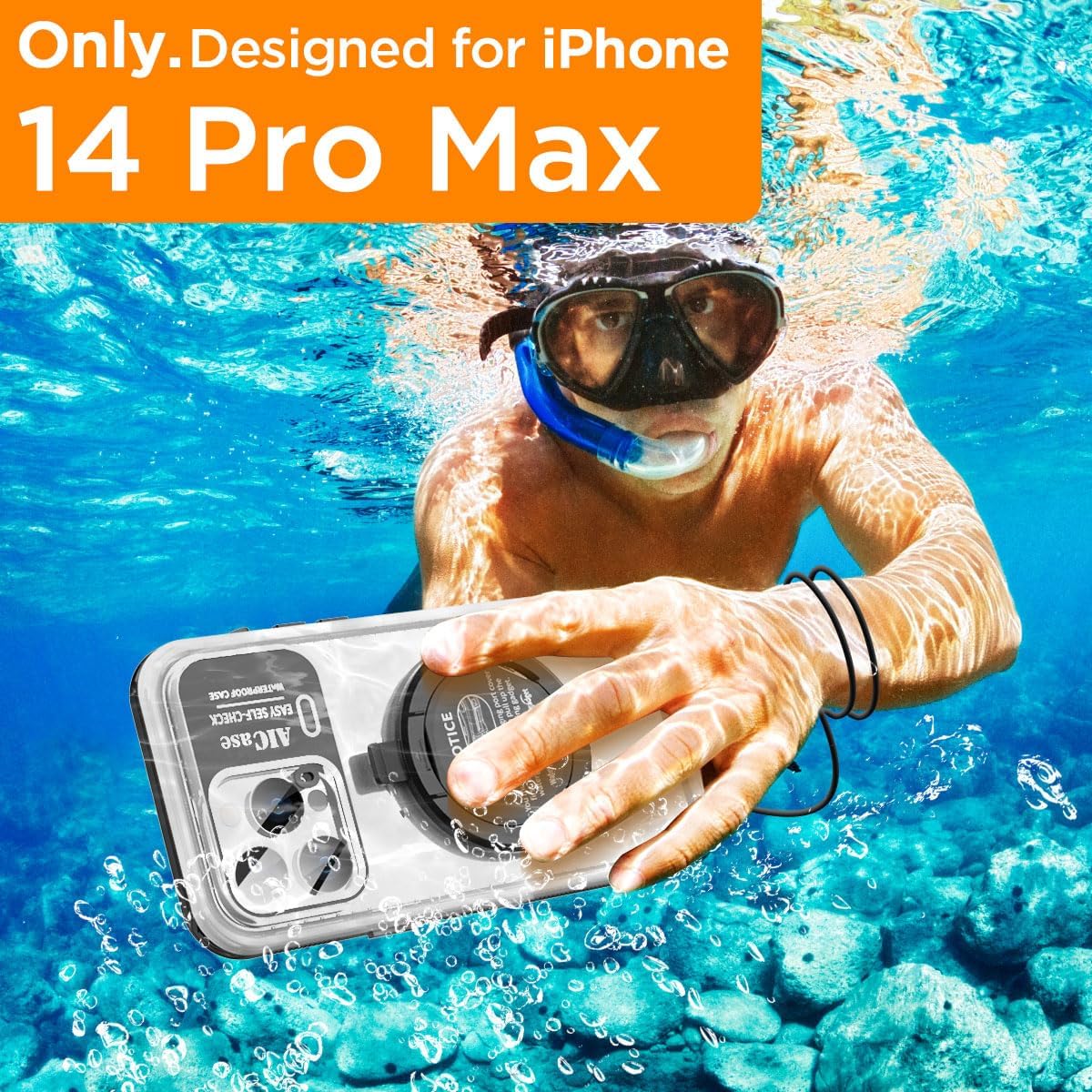 AICase Self-Check Waterproof Phone Case for iPhone 14 Pro Max, Underwater Touchscreen Diving Phone Case Built-in Screen Protector for Shower, Bike, Beach, Snorkeling