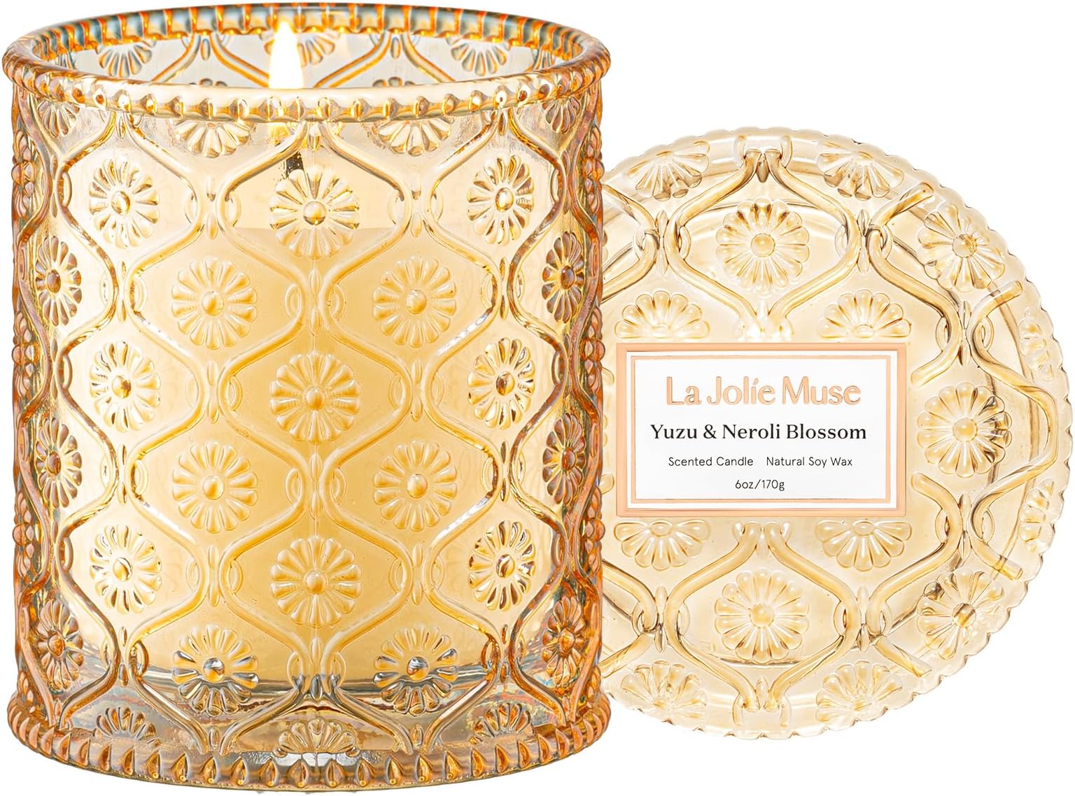 LA JOLIE MUSE 柚子&ネロリの花の香り付きキャンドル、家庭用シトラスキャンドル、天然ソイワックスキャンドル、女性用キャンドルギフト、6オンス 40時間燃焼。