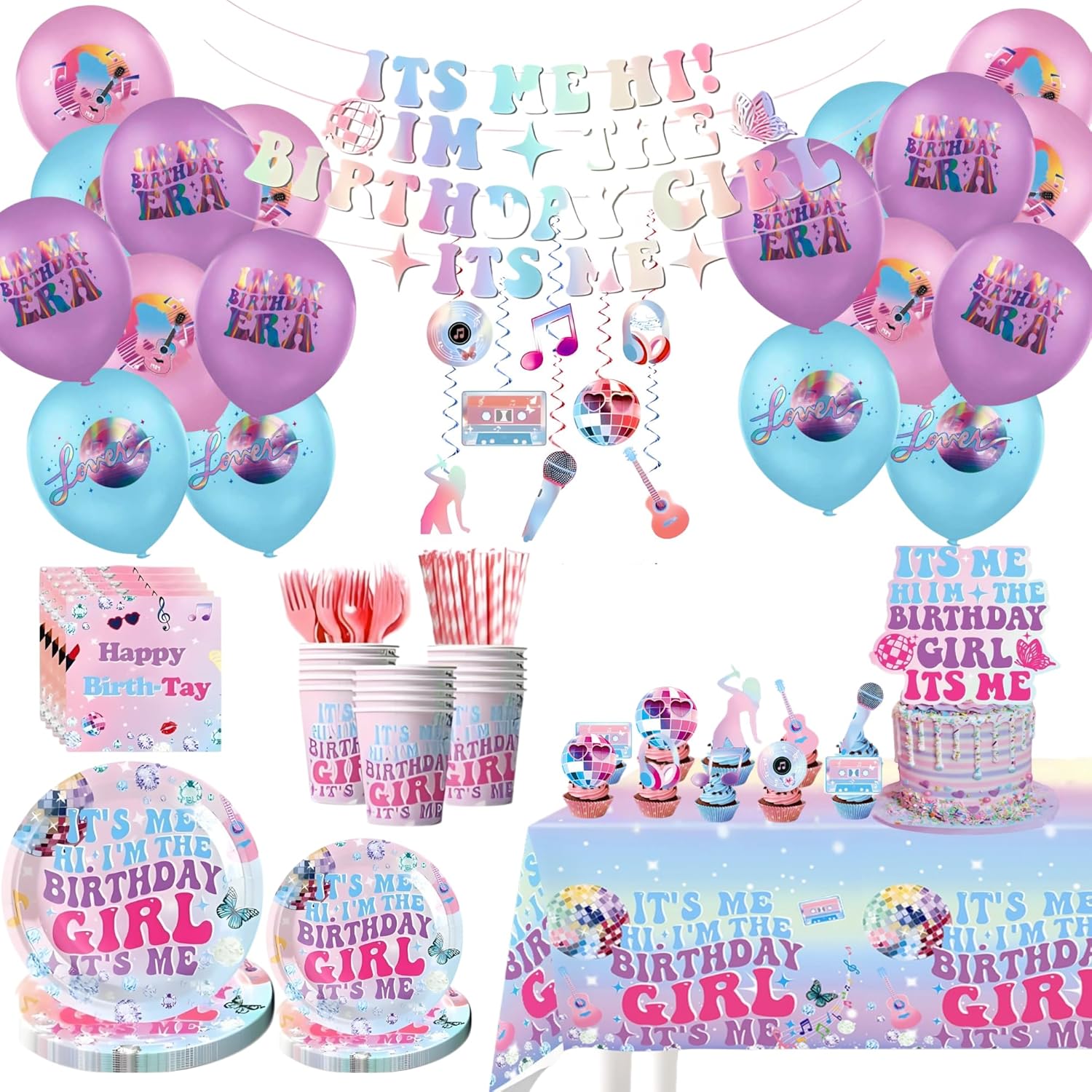 Its Me Hi Im The Birthday Girl Its Me Birthday Decorations Party Supplies Girls Party Favors Banner Cake Topper Cupcake Toppers Balloons Plates Cups Forks Straws Napkins Tablecloth Hanging Swirls