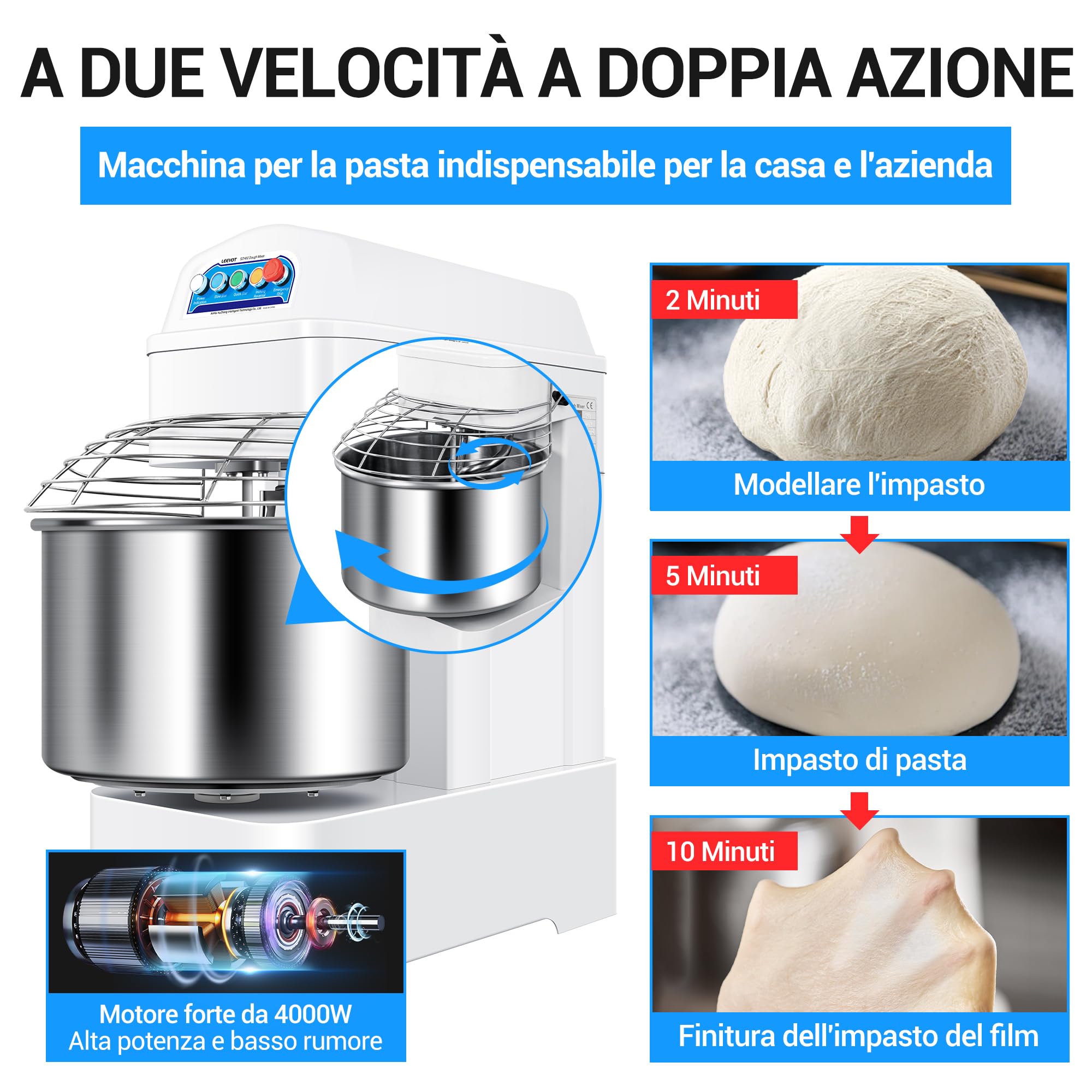 LEEVOT Impastatrice Planetaria, 4000W Planetaria Professionale, Ciotola in Acciaio 60L, 25KG Farina, 35KG Impasto, 2 Velocità Regolabili, Spegnimento Automatico, Alimentazione a 380V a tre fasi.