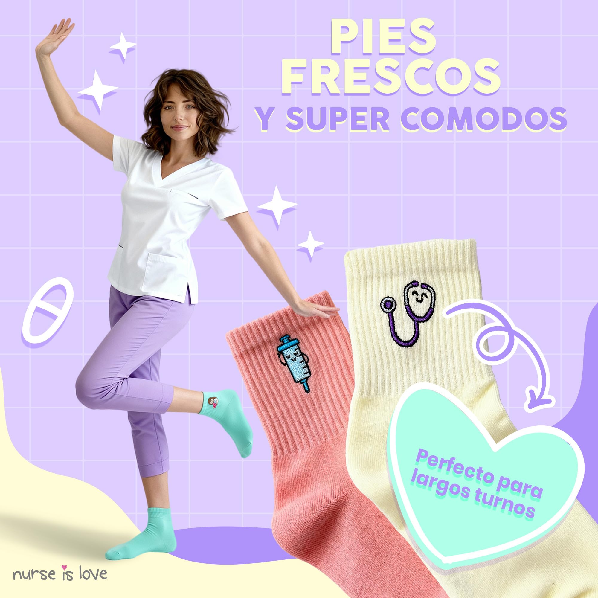 Nurse is Love Set de 3 pcs. Calcetines Mujer Divertidos para Enfermeras de Ideal para TCAE, Medicos, Vet | Ajusta Con Zuecos Sanitarios Mujer | Regalos Originales | Accesorios Enfermeria - NEUTRAL