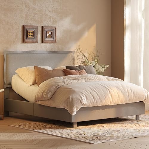 FLEXISPOT All-in-One Adjustable Bed Frame with Upholstered Flange Edge Headboard, Queen–Minimalist Design – Synchronized Head & Foot Lift for Relaxation–600 lbs–5Y Motor&10Y Frame Warranty,Light Grey