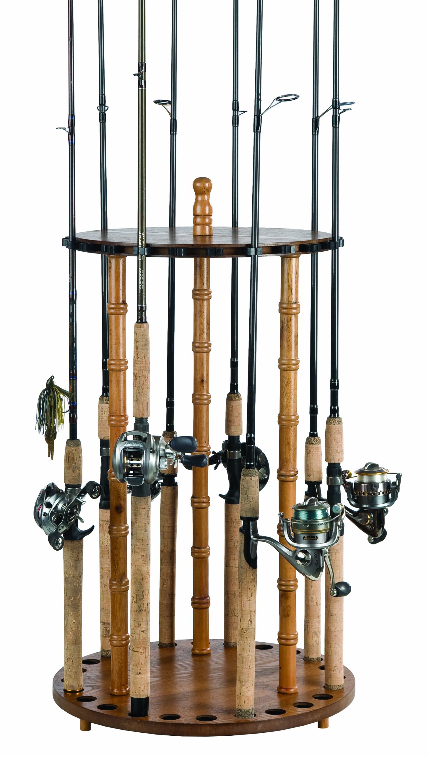 Organized Fishing Round Floor Rack for Fishing Rod Storage, Holds up to 24 Fishing Rods, Oak Finish, MRR-030/OAK