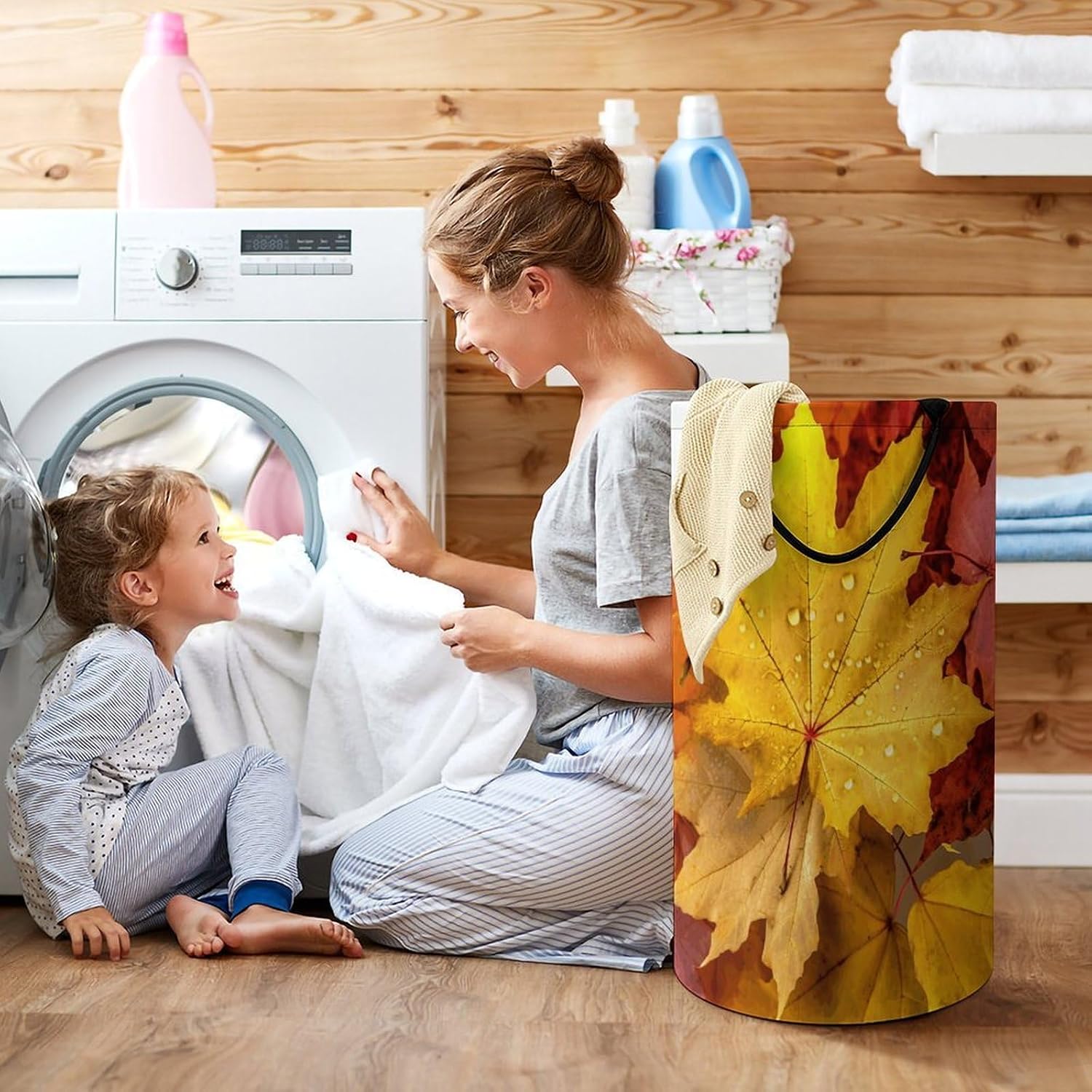Large Laundry Hamper with Handles Autumn Leaves Maple Laundry Basket Freestanding Waterproof Clothes Hamper for Living Room Bedroom Bathroom College Dorm
