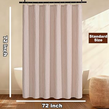 PROCIDA Linen Blend Shower Curtain-Ticking Terracotta and White Striped, 72x72 Inch Yarn Dyed Cloth Fabric Bathroom Curtain with 12 Metal Hooks, Bath Curtain for Modern Farmhouse Bathrooms