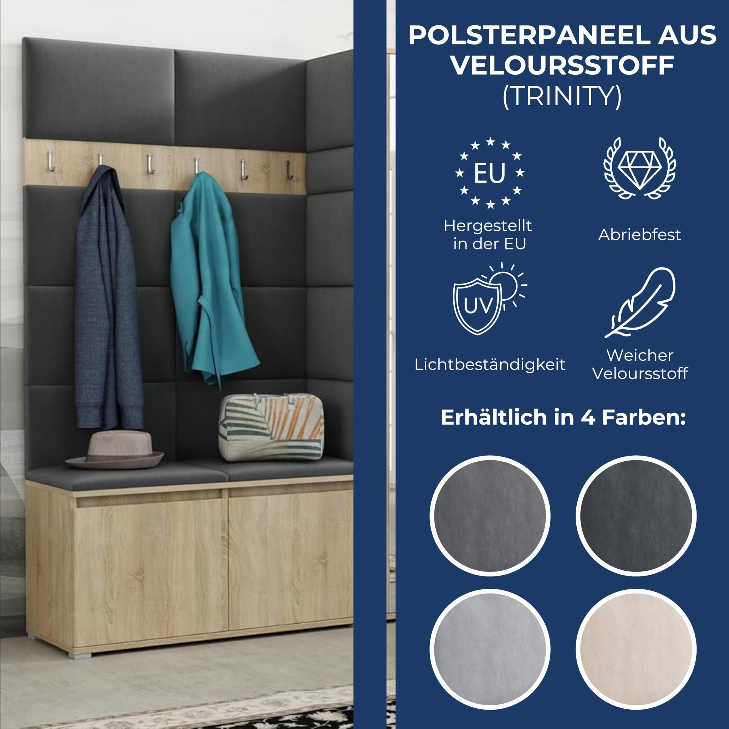 Brent Flurgarderobe Luton 4 Set: Schuhbank mit Sitzfläche, Garderobenpaneel, Garderobe mit Spiegel, Grau + Schwarz