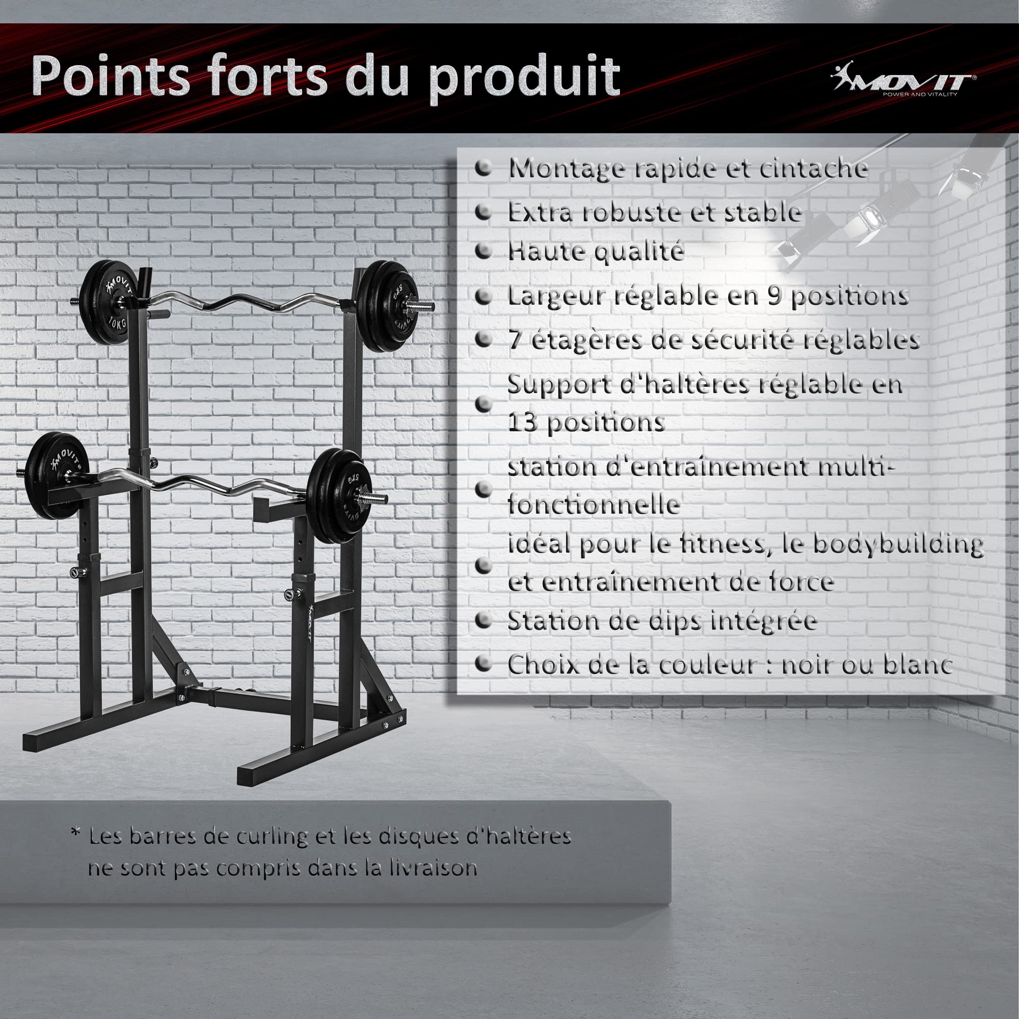 MOVIT Squat Rack Pro avec Station Dip, Hauteur et Largeur réglables, Support pour haltères Support pour haltères Appareil d'entraînement à Domicile Home-Gym, Blanc ou Noir