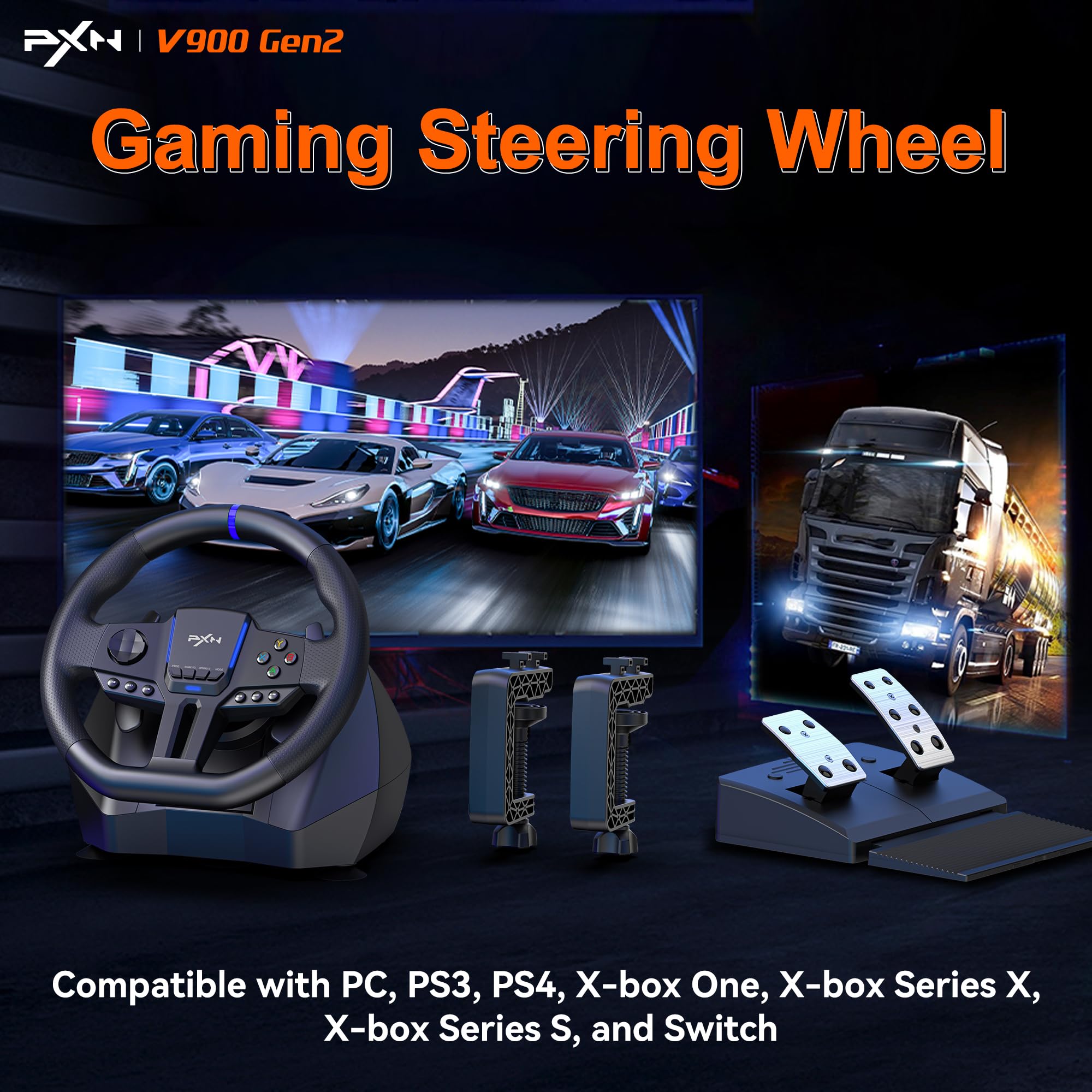 PXN Volante de carreras para PC, V900 GEN2, universal, USB, para coche, Sim, 270/900 grados, con pedales, para PC, PS3, PS4, Xbox One, Xbox Series X/S, Switch