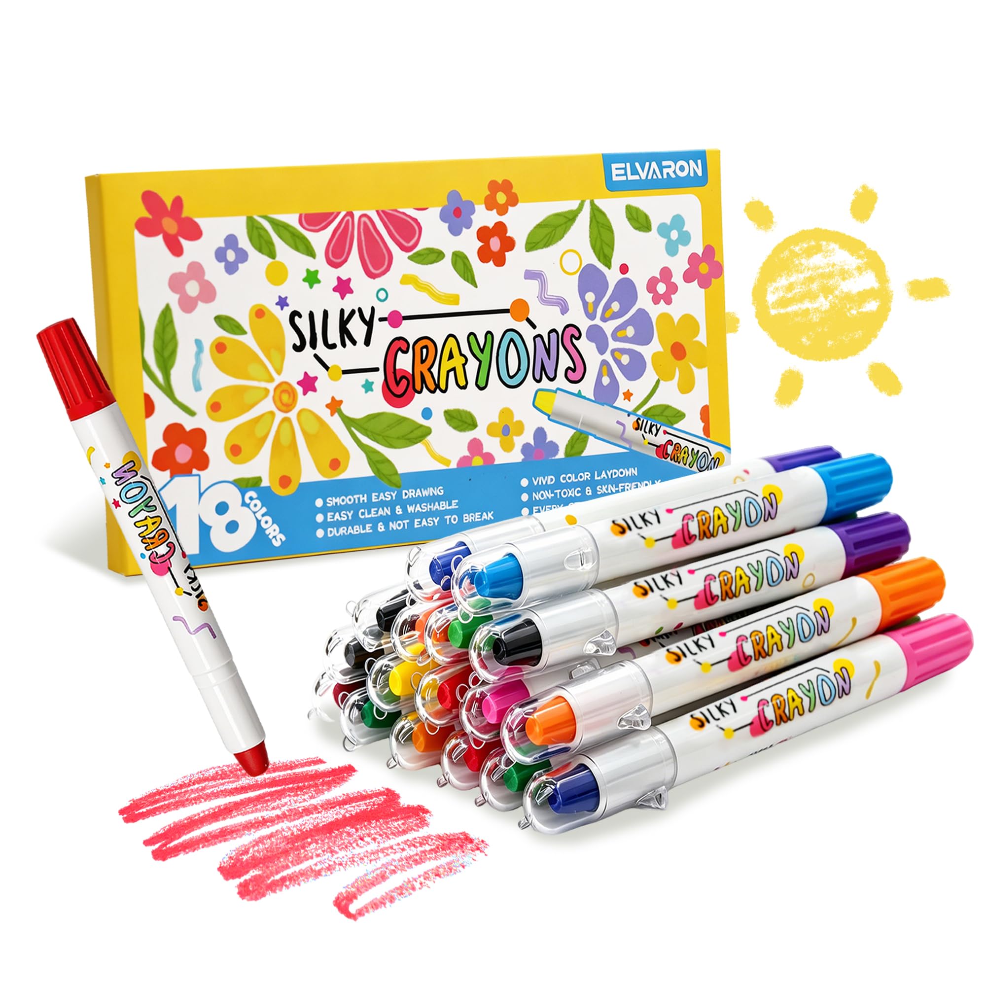 ELVARON 18 Washable Twist Crayons for Toddlers 4-8 Non-Toxic Silky Crayons