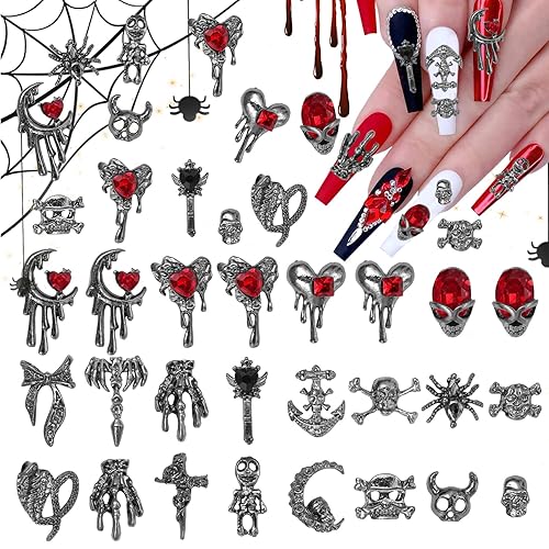 38 Pcs Halloween Nail Charms and Rhinestones, Gothic Nails Charm 3D Skull Heart Nails Gems and Charms, Dark Silver Snake Bowtie Moon Charm for Women Halloween DIY Nail Art Accessories