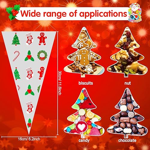 Miniatura 2 de Konsait 120 bolsas de dulces de Navidad, bolsas de celofán, bolsas de golosinas de cono transparente para galletas con lazos giratorios para