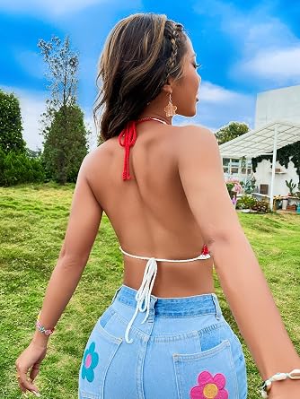 SweatyRocks Women's Backless Colorful Striped Halter Tie Back Tops Sleeveless Knit Crop Top