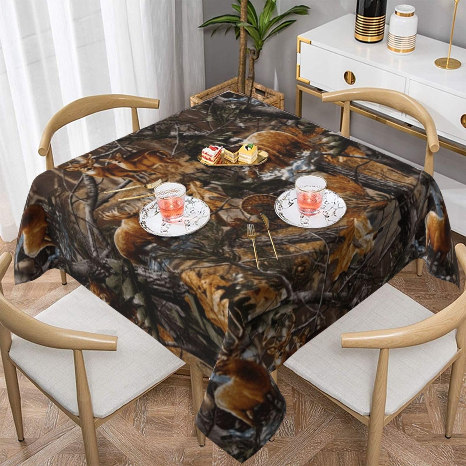 DCEHGEW Hunting Deer Bear Moose Prints Square Tablecloth 137x137 CM, Waterproof Fabric Table Cloth for Dining Table, Farmhouse Table Cover for Kitchen Dining Tabletop Decoration