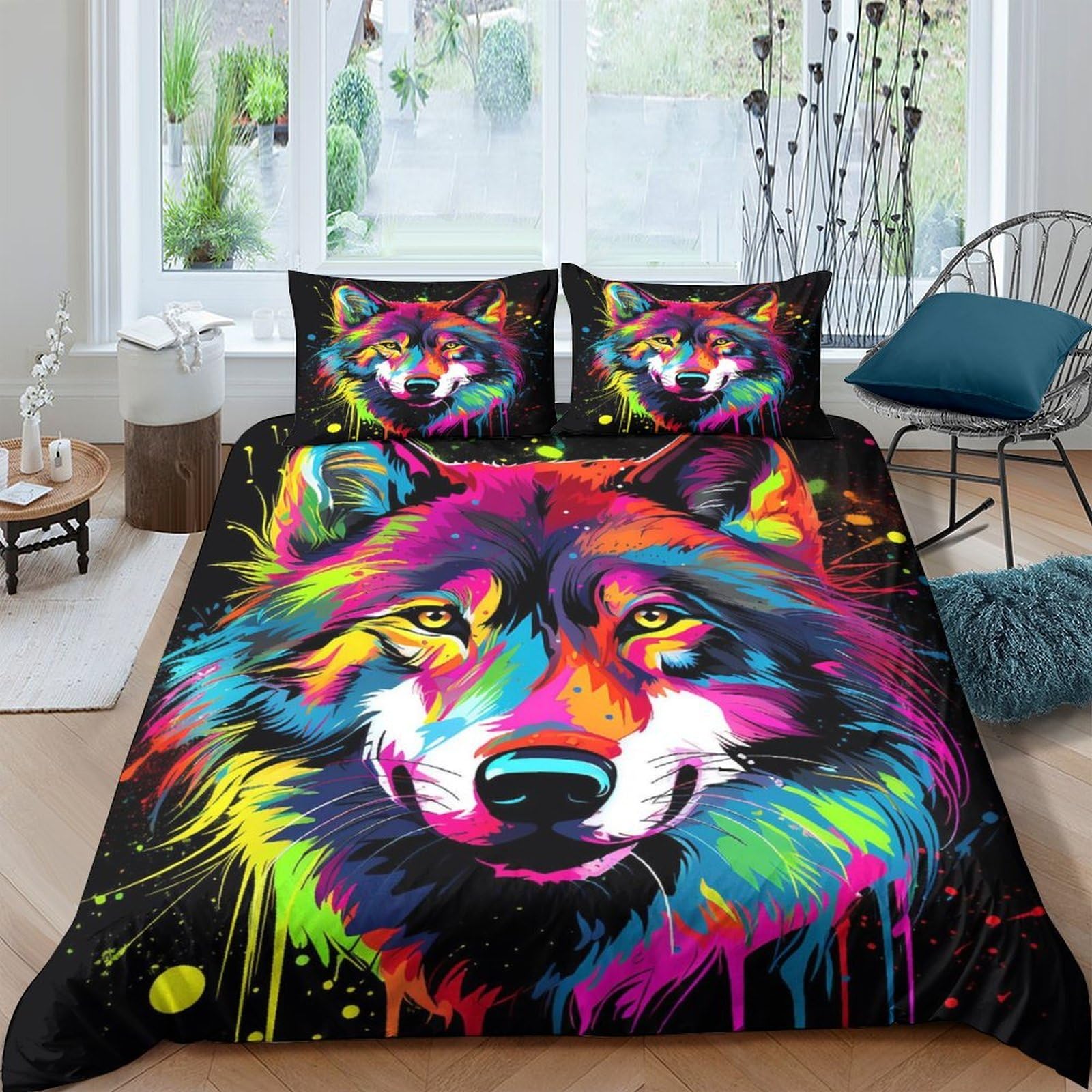 Ctjqhvkz Style-5 3D Printed Colorful Wolf Fitted Sheet Microfiber Soft Anti-Slip Rainbow Animal Bed Cover For Bedroom Dorm Mattress Protection Decor Single（135X200cm）