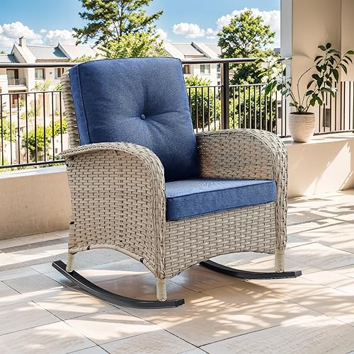 Mecedora para patio mecedora de mimbre para exteriores con cojín extraíble, capacidad de peso de 300 libras, asiento mecedor de ratán para balcón,