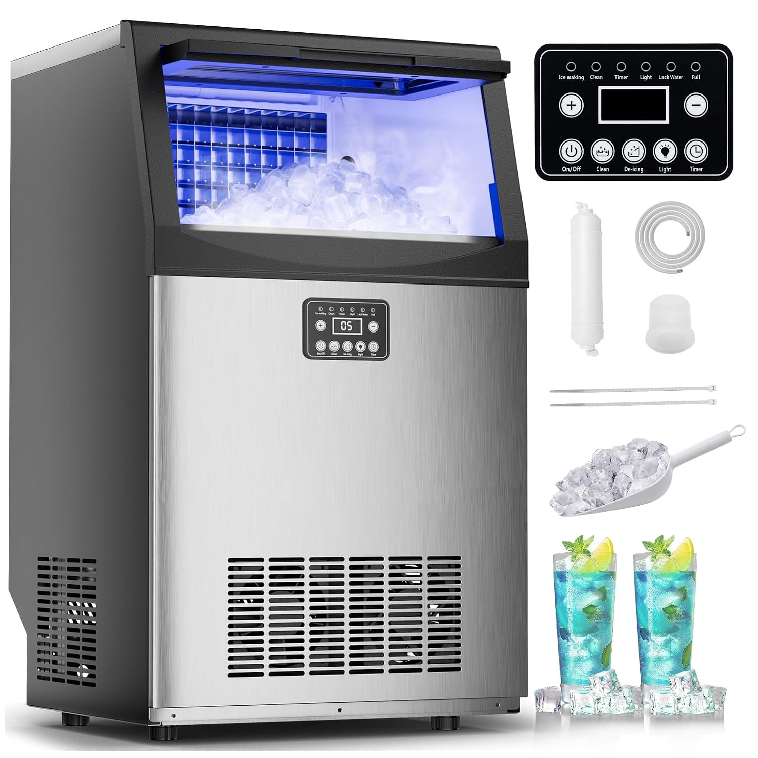 Mountman Commercial Ice Maker,110lbs/24H,36 Cubes in 14 Mins,Stainless Steel Ice Machine with 33lbs Storage Capacity,Self-Cleaning,Water Filter,Under Counter/Freestanding Ice Maker for Cafe,Home