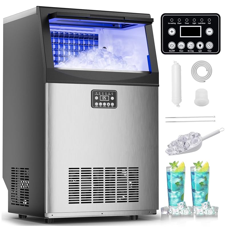 Mountman Commercial Ice Maker,110lbs/24H,36 Cubes in 14 Mins,Stainless Steel Ice Machine with 33lbs Storage Capacity,Self-Cleaning,Water Filter,Under Counter/Freestanding Ice Maker for Cafe,Home