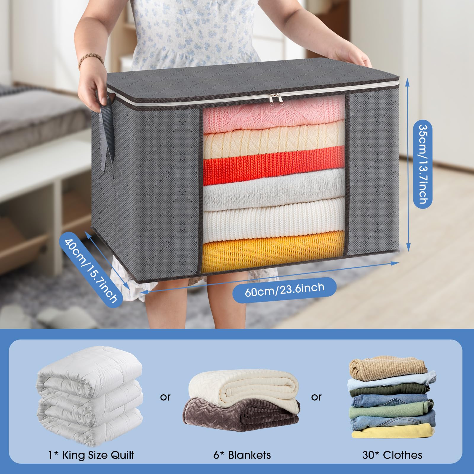AIOR 6pcs Scatole per Armadio Salvaspazio, 90L Grande Capacità Borsa Porta Abiti con Finestra Trasparente, Pieghevole Traspirante Organizzatore Borsa per Trapunte, Coperte, Biancheria da Letto