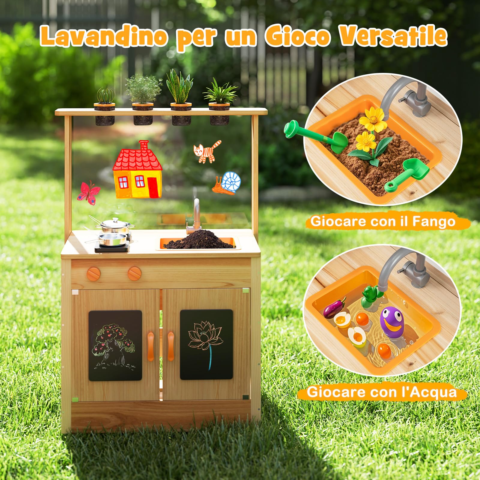 COSTWAY Cucina Giocattolo per Giardino con Lavagna Acrilica per Dipingere, Cucina in Legno di Abete per Bambini con 4 Vasi da Giardinaggio, Set Cucina con Accessori, 68 x 34 x 93 cm