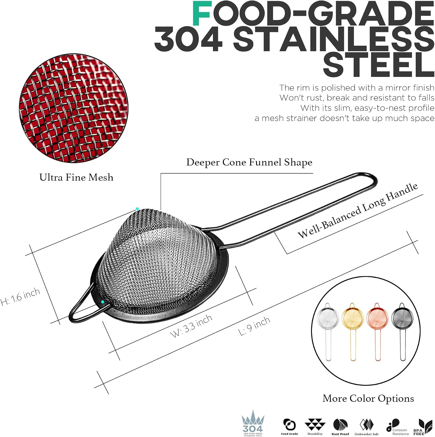 Homestia Stainless Steel Fine Mesh Strainer, Sieve Sifter For Tea, Black image 2