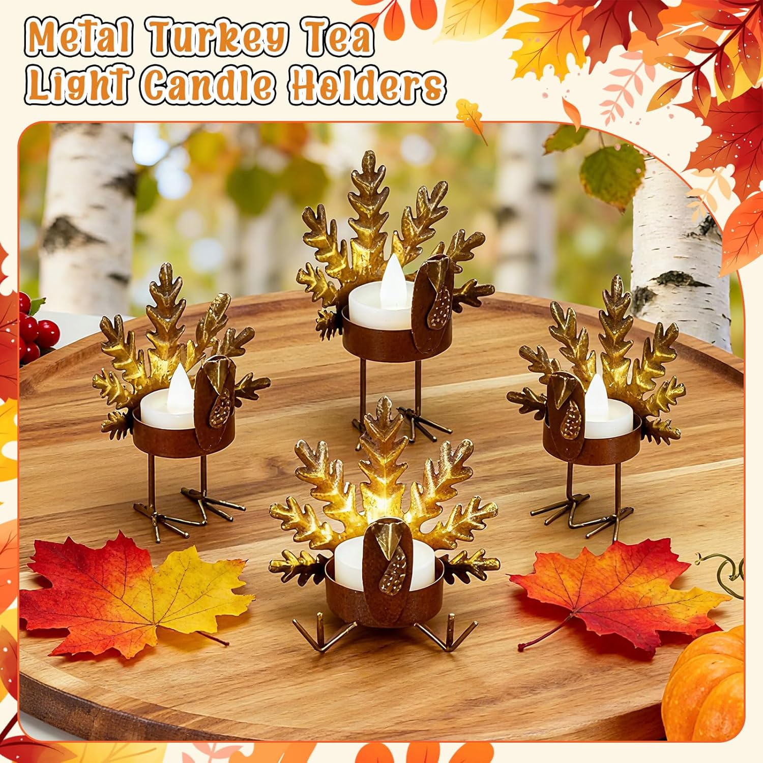 Meanplan 16 Pcs 8 Sets 2-in-1 Turkey Candle Holder Set Turkey Tealight Metal Votive Candle Holders Thanksgiving Table Centerpiece Sitting Standing Turkeys Candlesticks for Home Table Mantle Decor