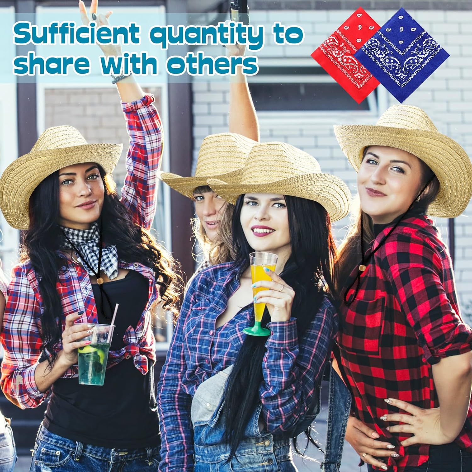 SATINIOR 12 Set Straw Cowboy Hats & Bandanas - Cowboy Party Hat Costume with Head Bandana (Beige, Braided Trim Style) - Image 4