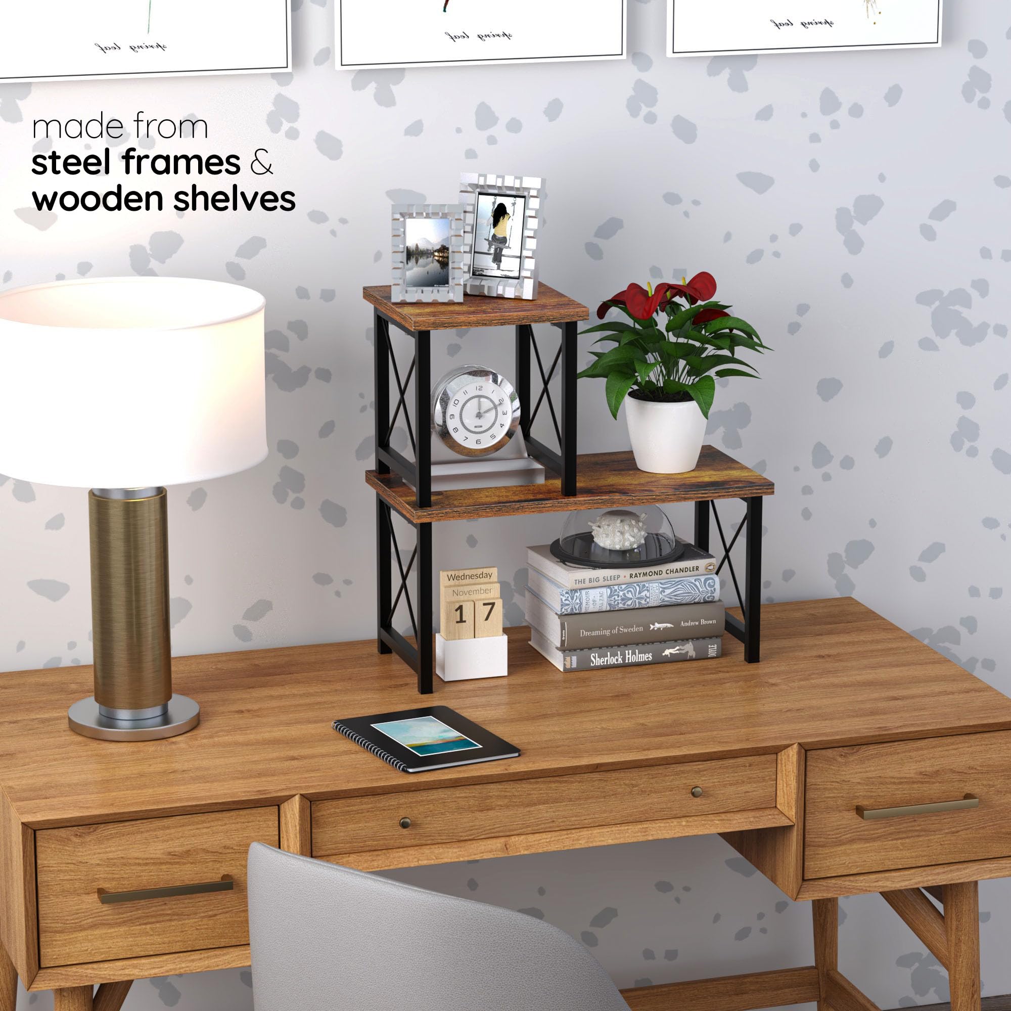 Tischregal & Schreibtisch Regal für Büro | Mini & Kleines Regal für Arbeitsplatte Küche | 40X40X19cm, in Holz/Metall, Stackable Desk Rack (Rauchholz)