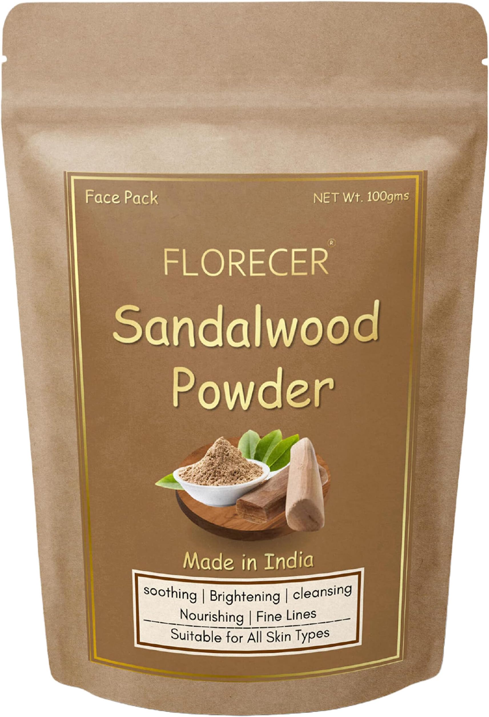 Florecer Sandalwood Powder For Face Pack| Pure And Natural | Organic | Glowing Skin | Face Mask | Chandan Powder - (Acne And Tan Removal Face Pack) 100 Grams
