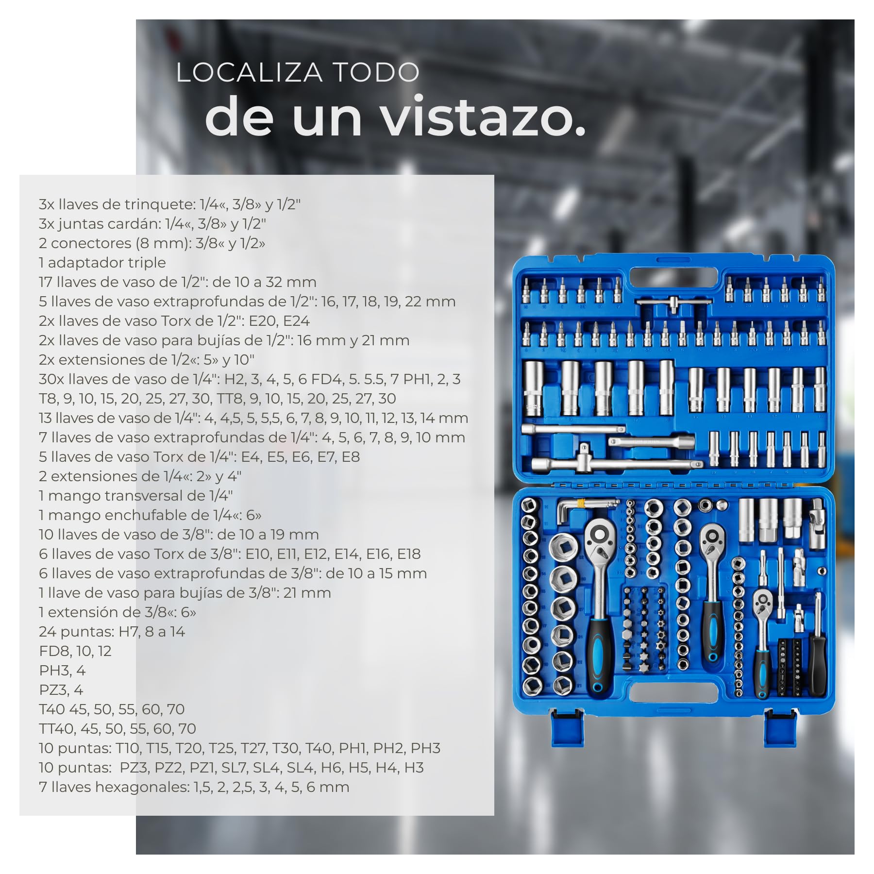 tectake® Maletin Profesional, Juego de Llaves de Tubo, Llaves Torx, Caja herramientas, Kit de Bricolaje, Maletín Herramientas, Acero Cromo Vanadio - 171 piezas Azul