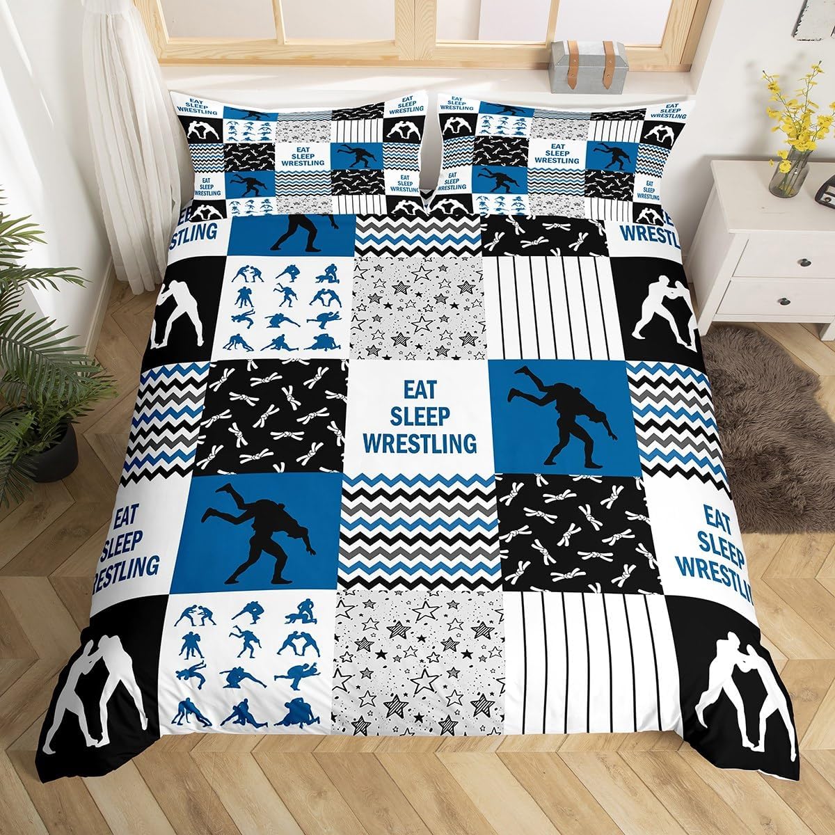 Wrestling Duvet Cover Set Queen Size,Wrestler Men Boys Sport Bedding Set for Kids Teens Adult Room Decor,Navy White Black Patchwork Plaid Comforter Cover Striped Stars Grid Quilt Cover,2 Pillowcases