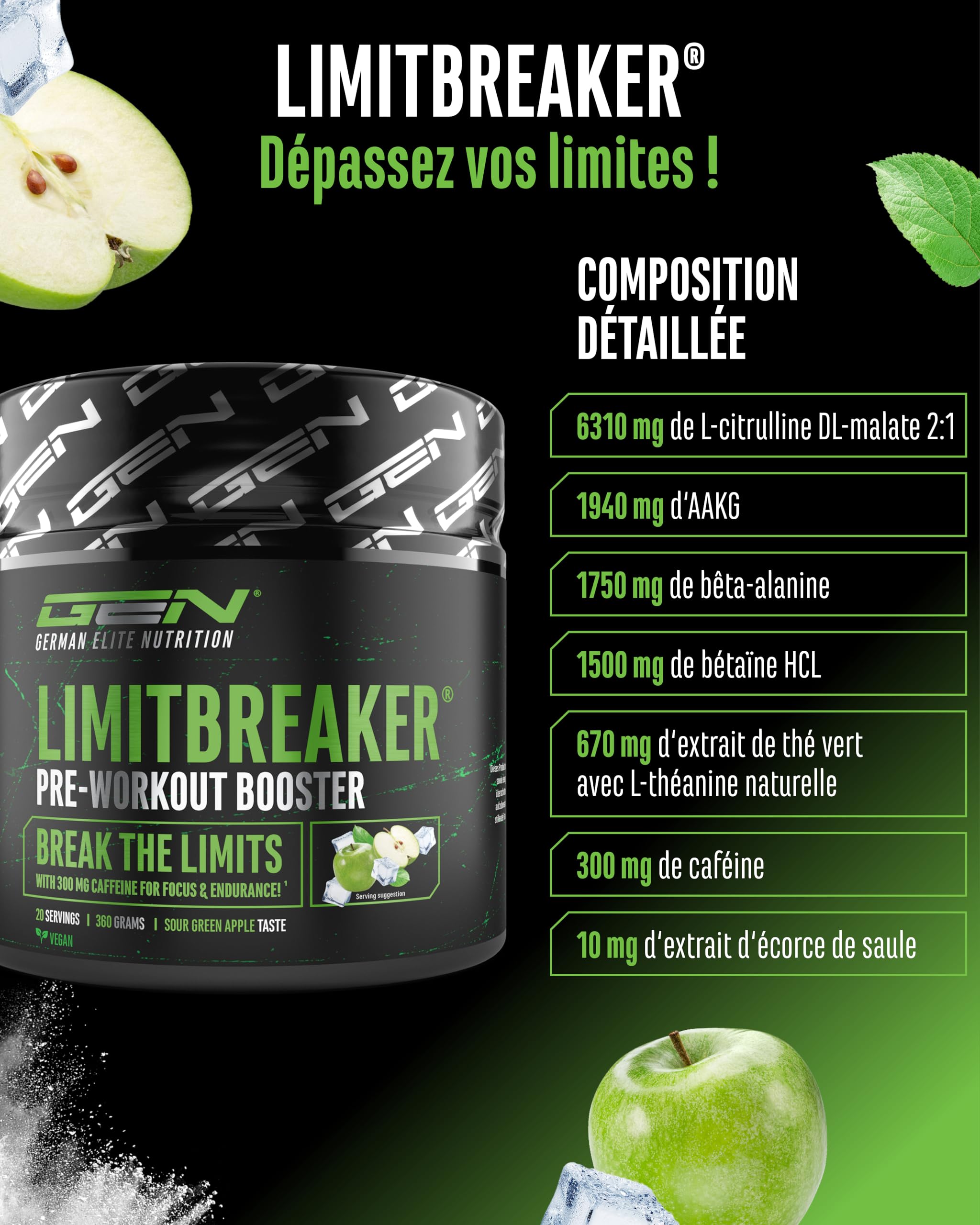 LIMITBREAKER® Pre Workout Booster avec Caféine 300 mg - Goût Pomme Verte Acide - avec L Citrulline, AAKG, Bêta Alanine & L Théanine - Haut Dosage - 360 g Poudre 20 Portions - Végan