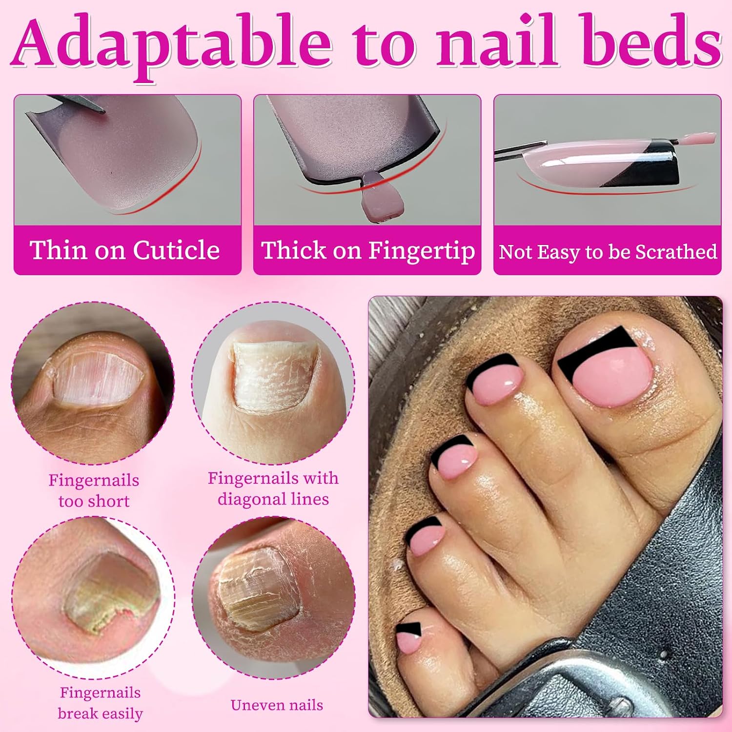 180pc Black French Tip Press on Toenails Women Glue on Toe Nails, French Fake Toe Nails Press ons Nail Square Pink Acrylic Press on Toes Nail Tips Artificial Stick Toenail Tip