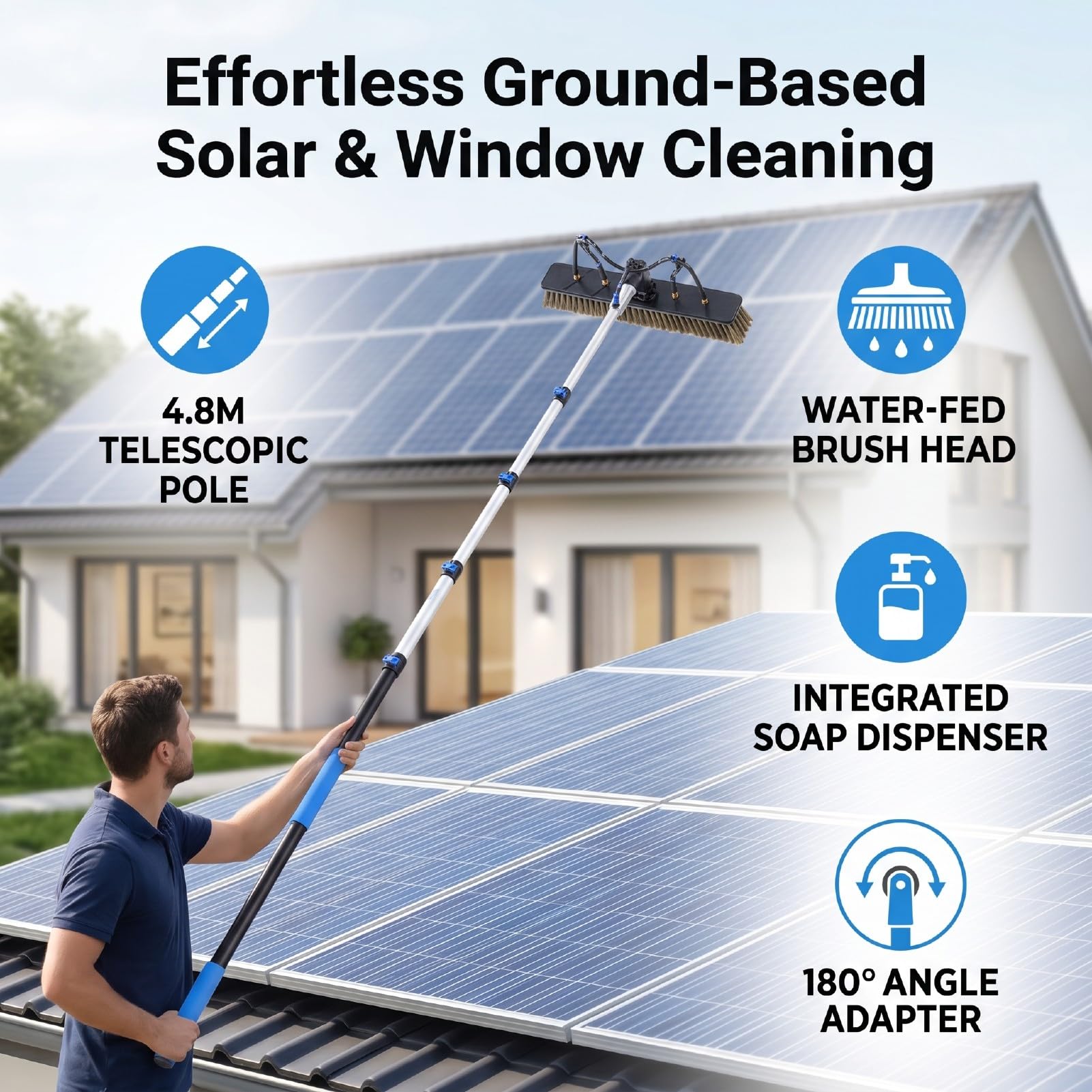 Generic Kit de Limpieza Alimentado por Agua con Poste Telescópico de 4,8 M y Cepillo para una Limpieza Segura de Paneles y Paredes Solares - Aluminio Resistente
