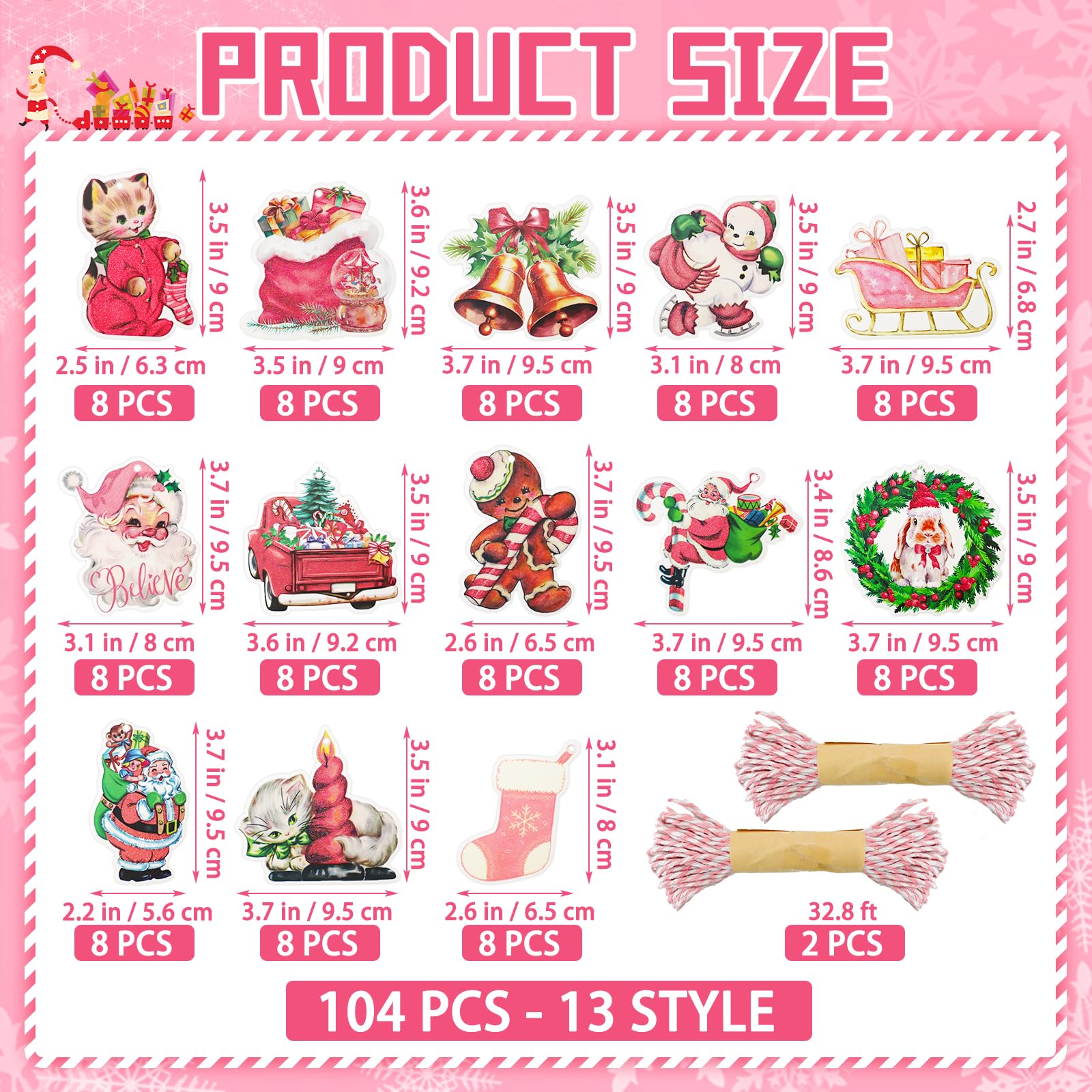 104 Stück rosa Vintage-Weihnachts-Geschenkanhänger, Frohe Weihnachten, Papier-Geschenkanhänger mit Schnur, Weihnachtsanhänger zum Aufhängen, Namensschilder für Weihnachtsbaum, Winterurlaub