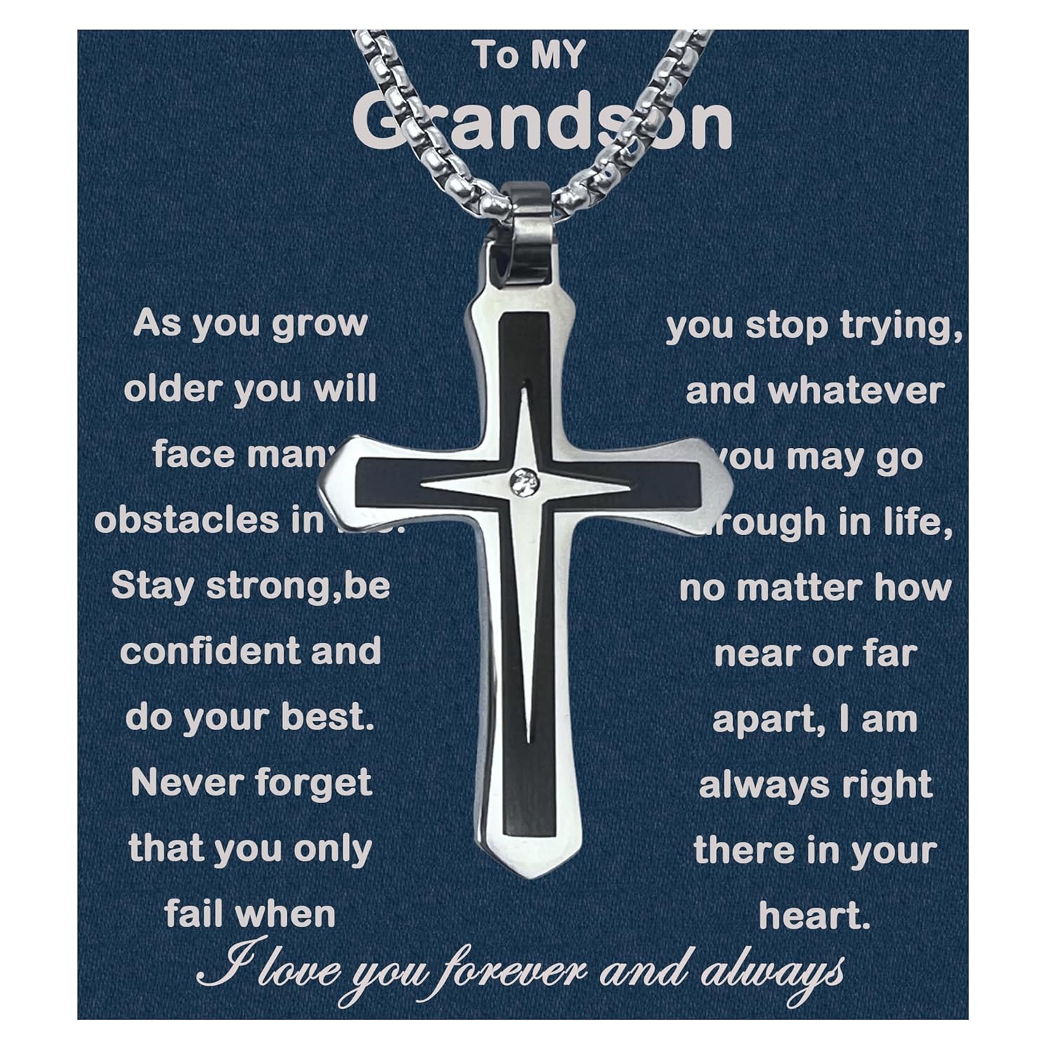 To My Grandson Necklace From Grandma Faith Cross Necklace Baptism Birthday Graduation Christmas Gifts For Grandson From Grandparents With Message Card & Gift Box (GS958 White-black02 Led Box)