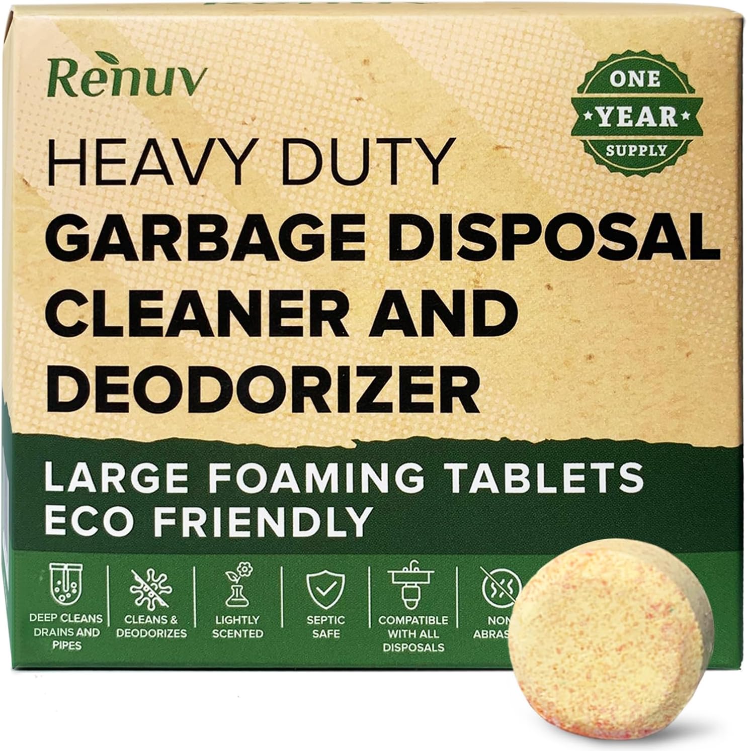 Renuv Garbage Disposal Cleaner and Deodorizer Tablets Heavy Duty Eco Friendly, Odor Eliminator, Degreaser, Dissolves Organic Waste Residue & Buildup 1 Year Supply