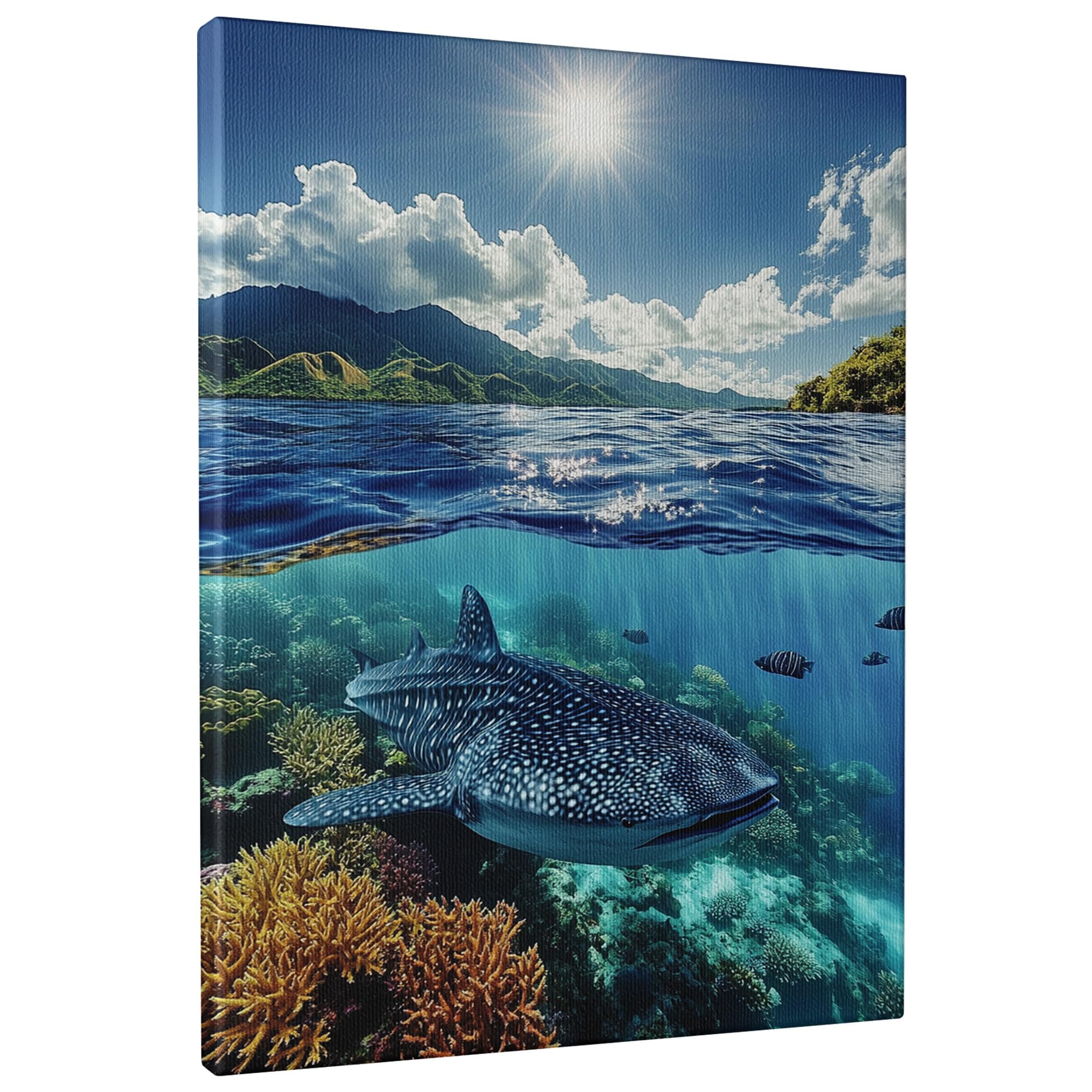 Oceanic Whale Shark Canvas Wall Art, Blue Coral Reef Underwater Photography, Nautical Decor for Living Room, Bedroom, Bathroom, Singular Gift 8x12 Inch