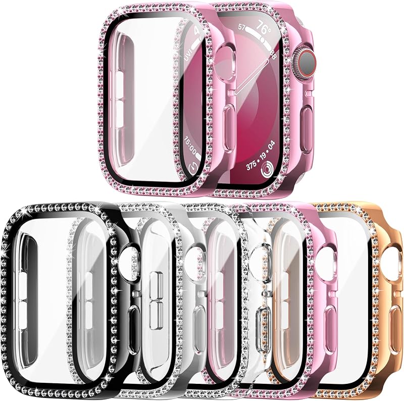 5 Pack Bling Case for Apple Watch 44mm SE(2023) (2nd Gen) Series 6 5 4 with Tempered Glass Screen Protector, Crystal Diamond Rhinestone Sparkling Full Protective Cover for Iwatch Accessories | Crystal Diamond Sparkling Protective Cover with highly responsive touch HD Tempered Glass Scratch Resistant Bumper for iWatch