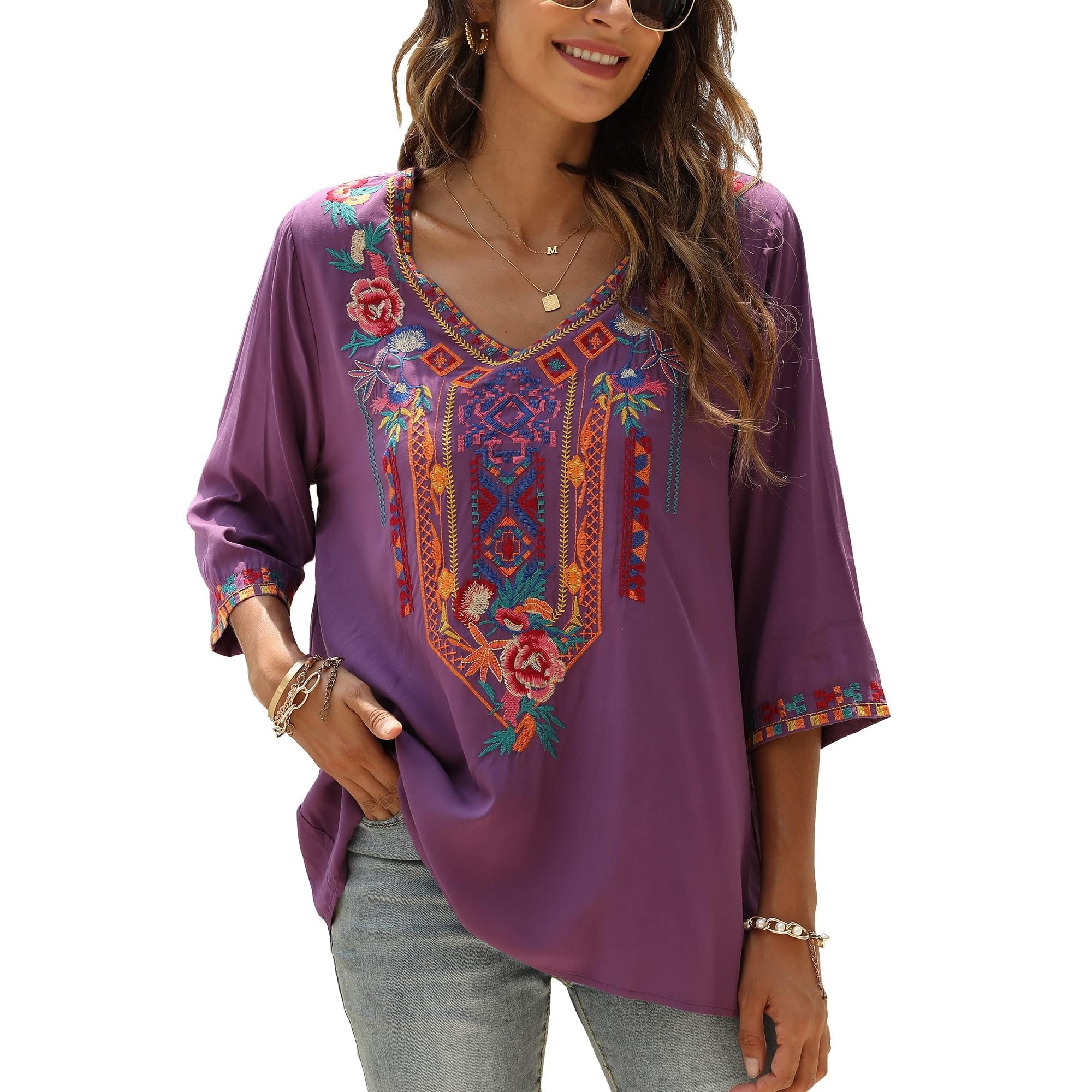 Grosy Haut brodé bohème pour femme, style hippie, chemisier paysan mexicain et tunique bohème traditionnelle, violet, Small