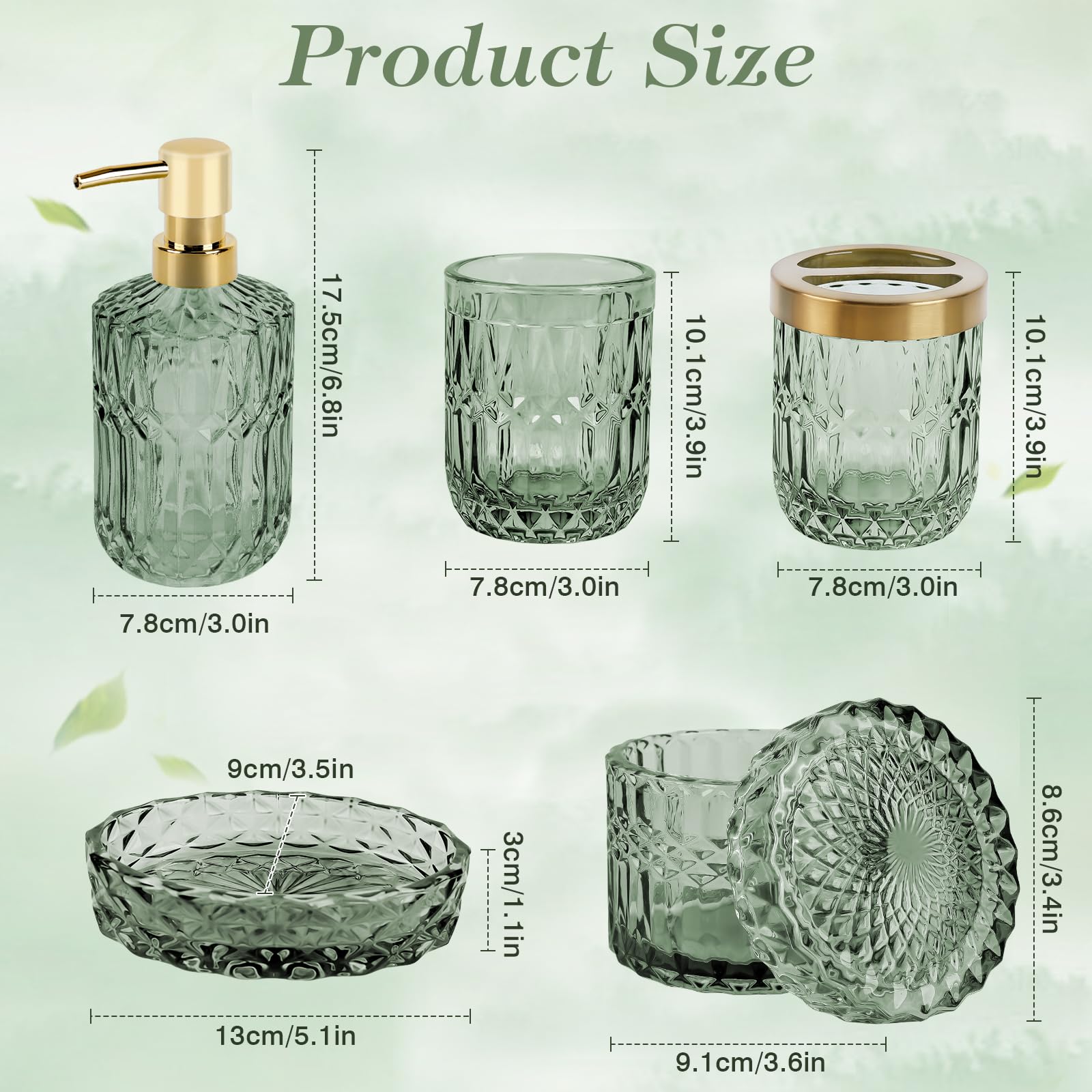 Set di 5 Accessori da Bagno in Verde, Dispenser di Sapone Verde Trasparente, set di Accessori da Bagno di Lusso con Dispenser per Lozioni, Portaspazzolino, Portasapone, Bicchiere, Regalo Vintage Set di 5 Accessori da Bagno in Verde, Dispenser di Sapone Verde Trasparente, set di Accessori da Bagno di Lusso con Dispenser per Lozioni, Portaspazzolino, Portasapone, Bicchiere, Regalo Vintage