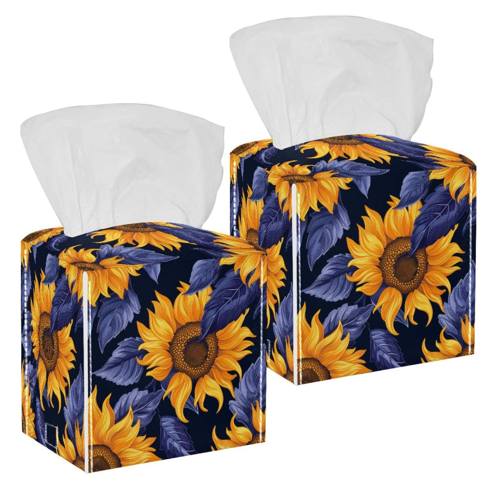 Sunflower Tissue Box Cover, 2 Pack PU Leather Square Facial Tissue Dispenser Box holder for Home Office Car
