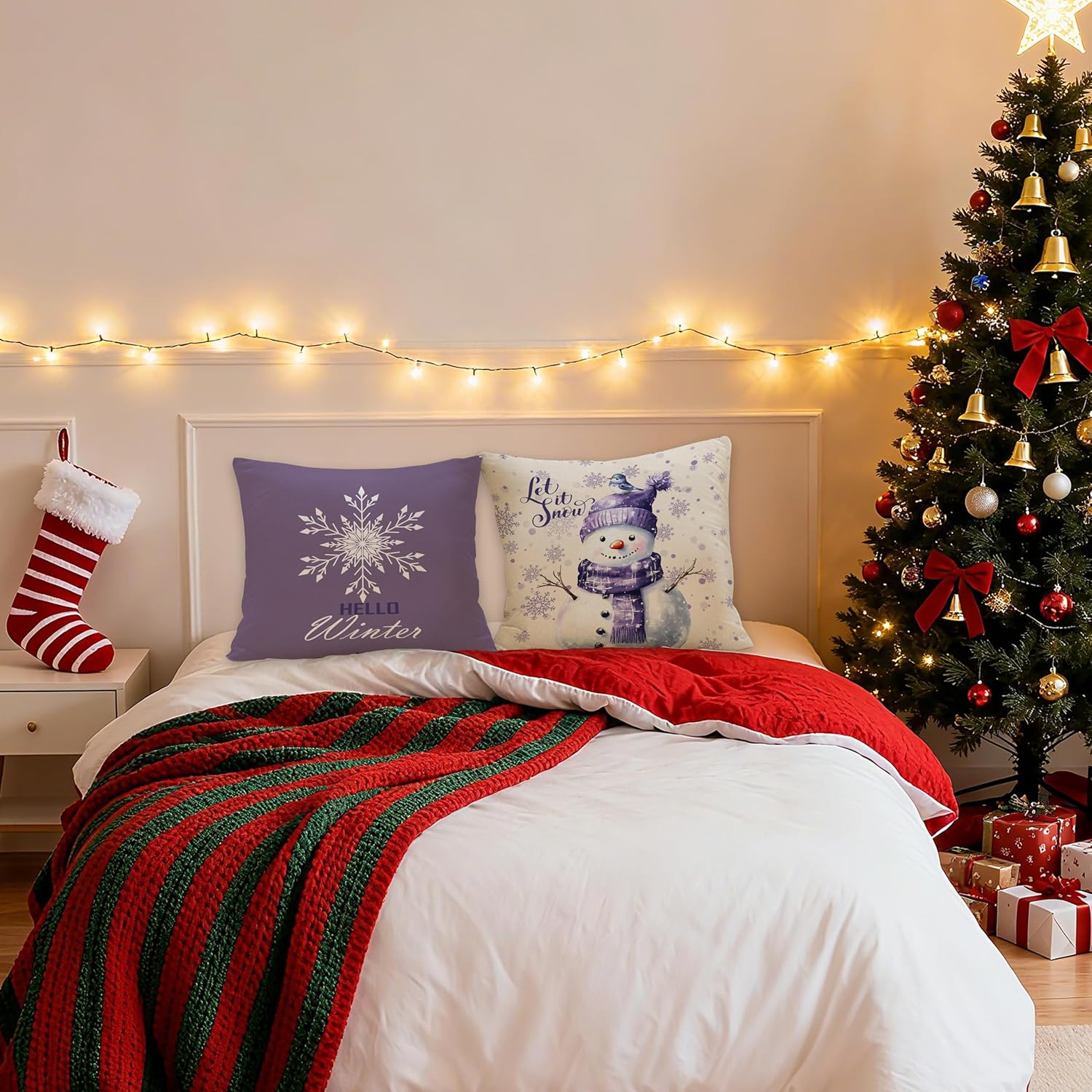 Purple Christmas Snowflake Snowman Pillow Covers 18x18 Set of 2, Winter Home Decor, Purple Hello Winter Snowman Holiday Xmas Decorative Pillow Covers for Home Living Room Bedroom