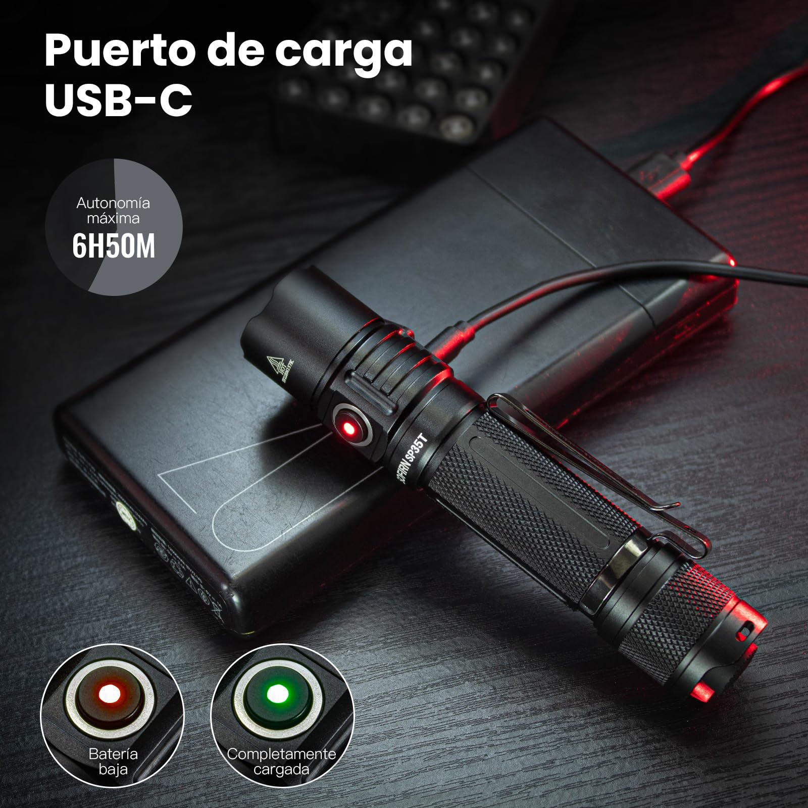 CSTEBOKE Sofirn SP35T Linterna Táctica Con Funda Para Linterna, 3800 LM Con Interruptor Dual, 8 Modos De Luz, Antorchas LED Superbrillantes Con IPX8, USB-C, Linterna Recargable Para Caza, Emergencia