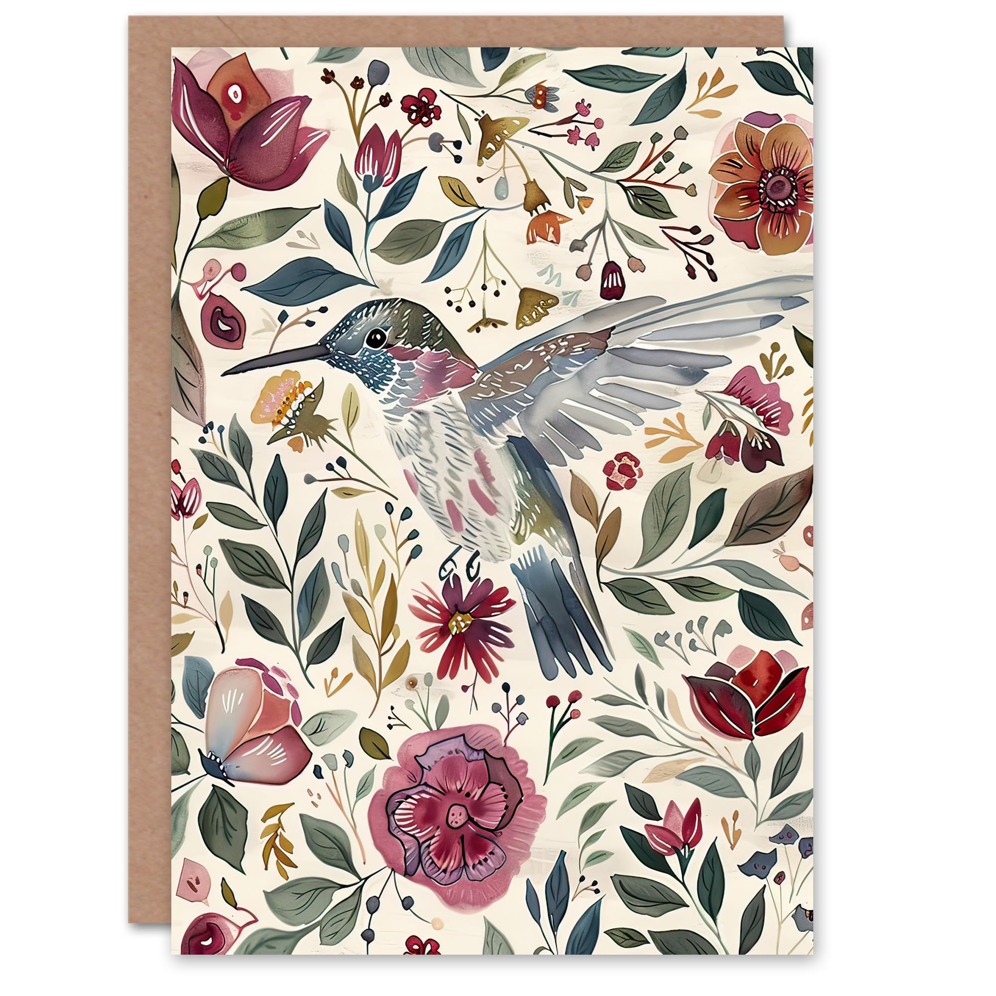 Artery8 Greeting Card Hummingbird with Rustic Flower Pattern Muted Tones For Her Woman Birthday Card